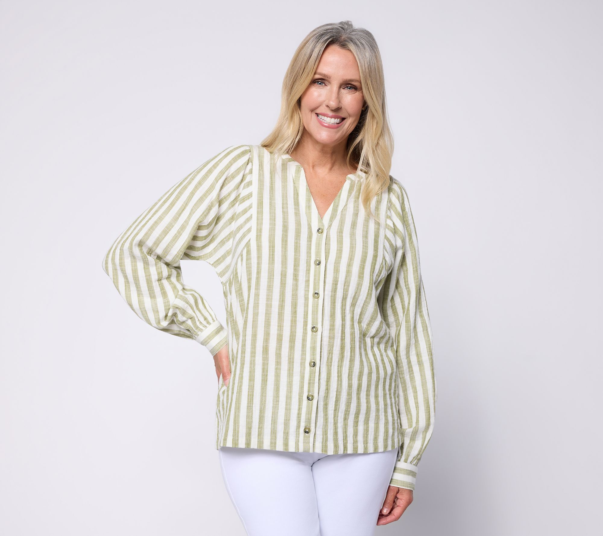 AnyBody Striped Cotton Double Cloth Long Sleeve Top