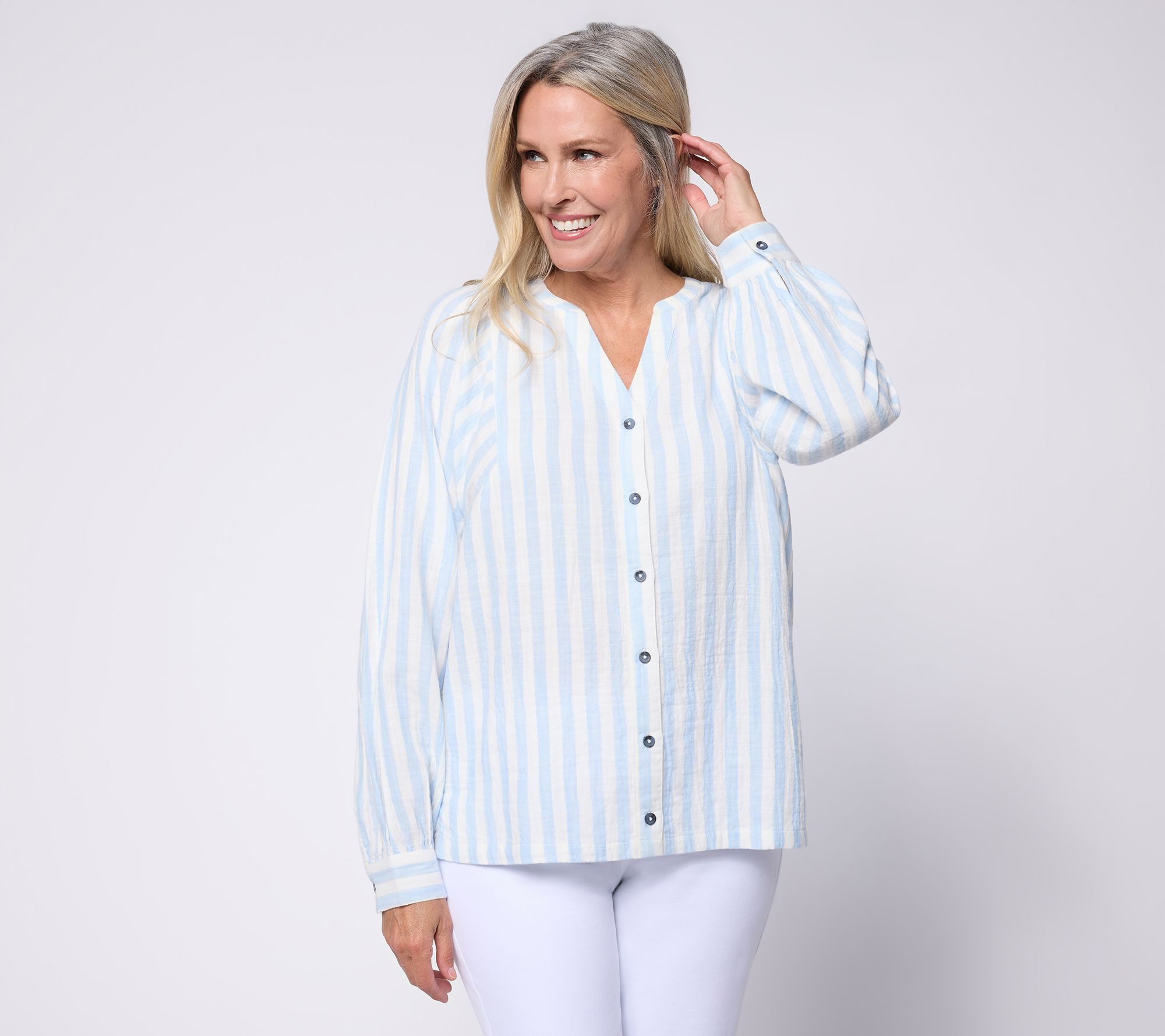 AnyBody Striped Cotton Double Cloth Long Sleeve Top