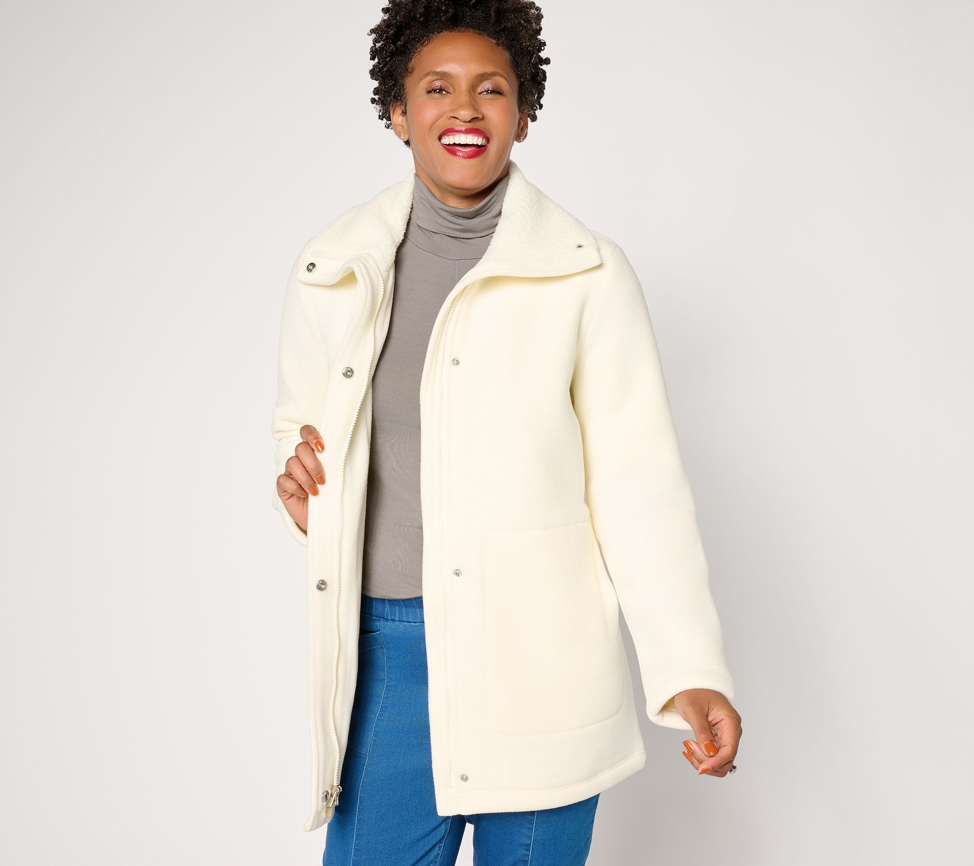 "As Is" Denim & Co. Petite Fleece Bonded Sherpa Jacket with 2-Way Zip