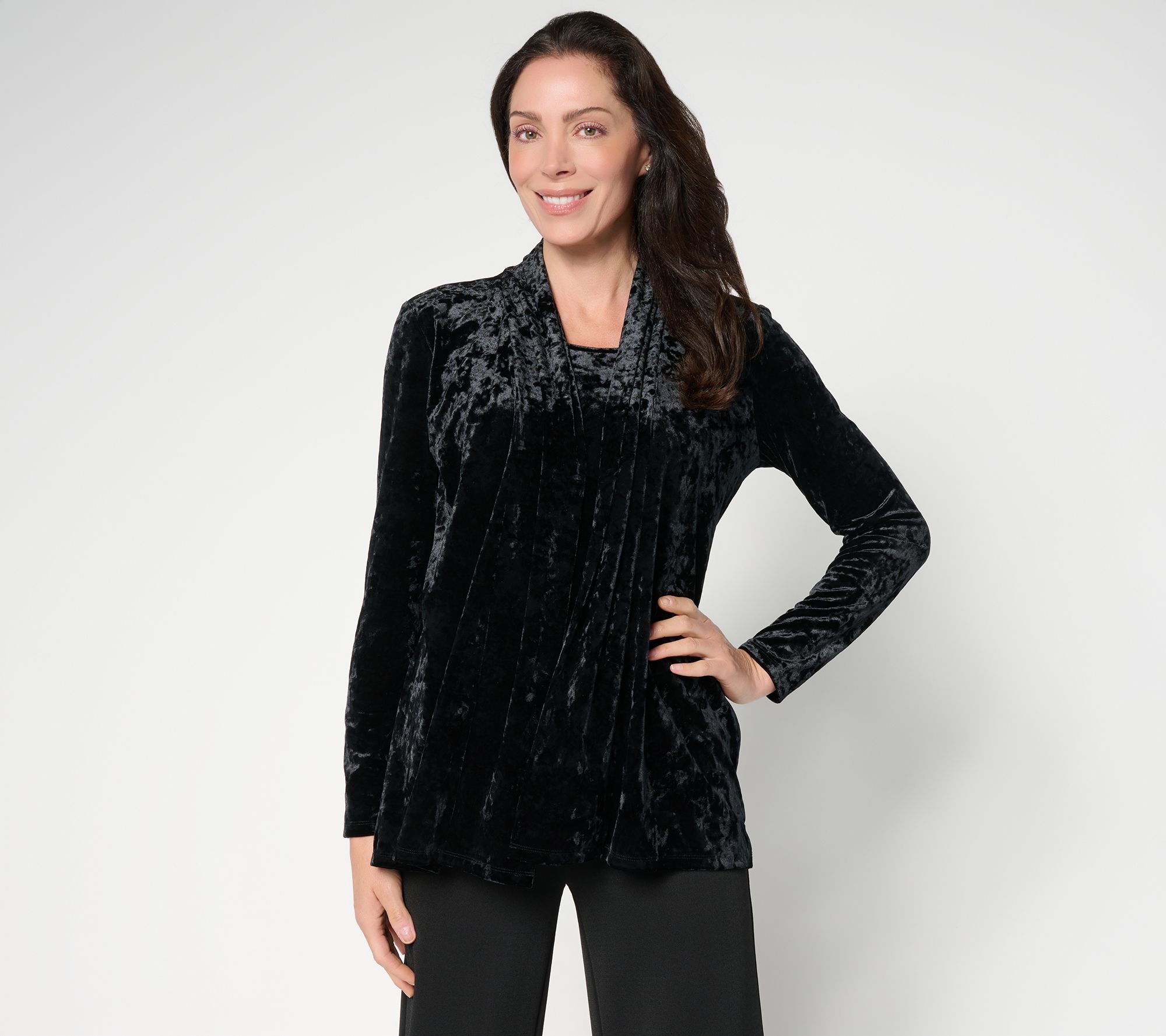 "As Is" Denim & Co. Crushed Velvet Cardigan & Tank 2fer with Pockets