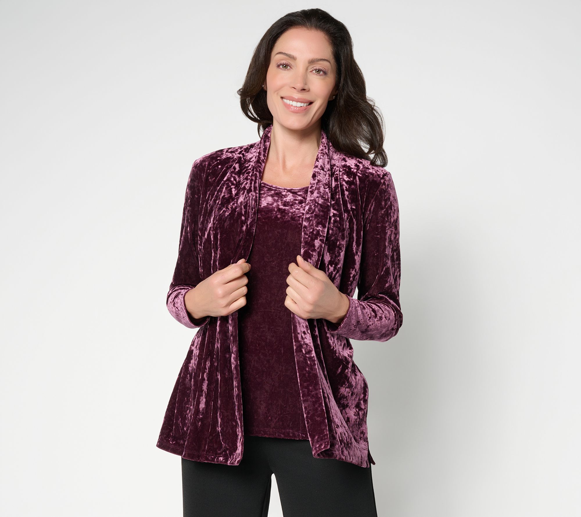 "As Is" Denim & Co. Crushed Velvet Cardigan & Tank 2fer with Pockets