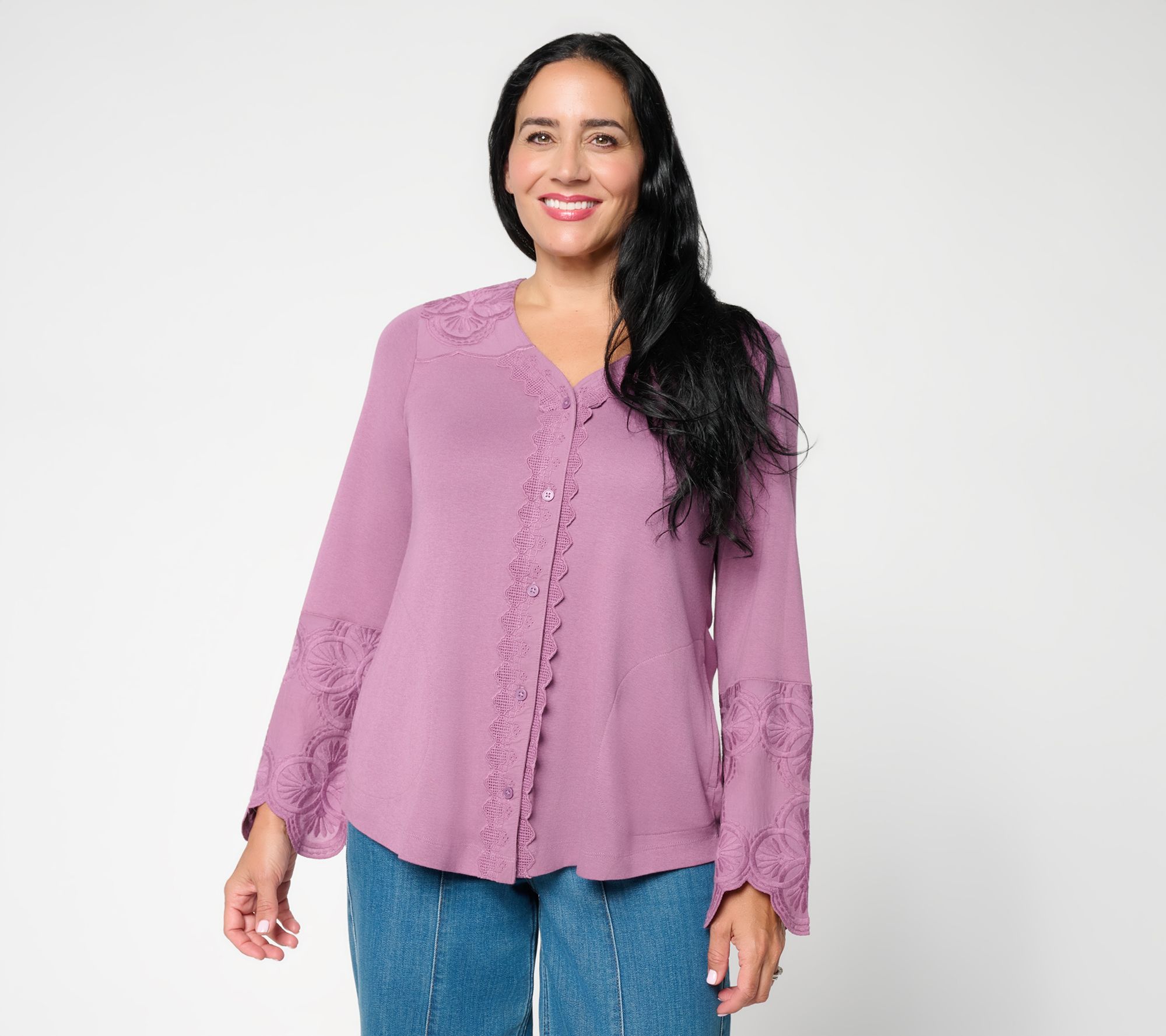 LOGO by Lori Goldstein Mixed Media Embroidered Cardigan
