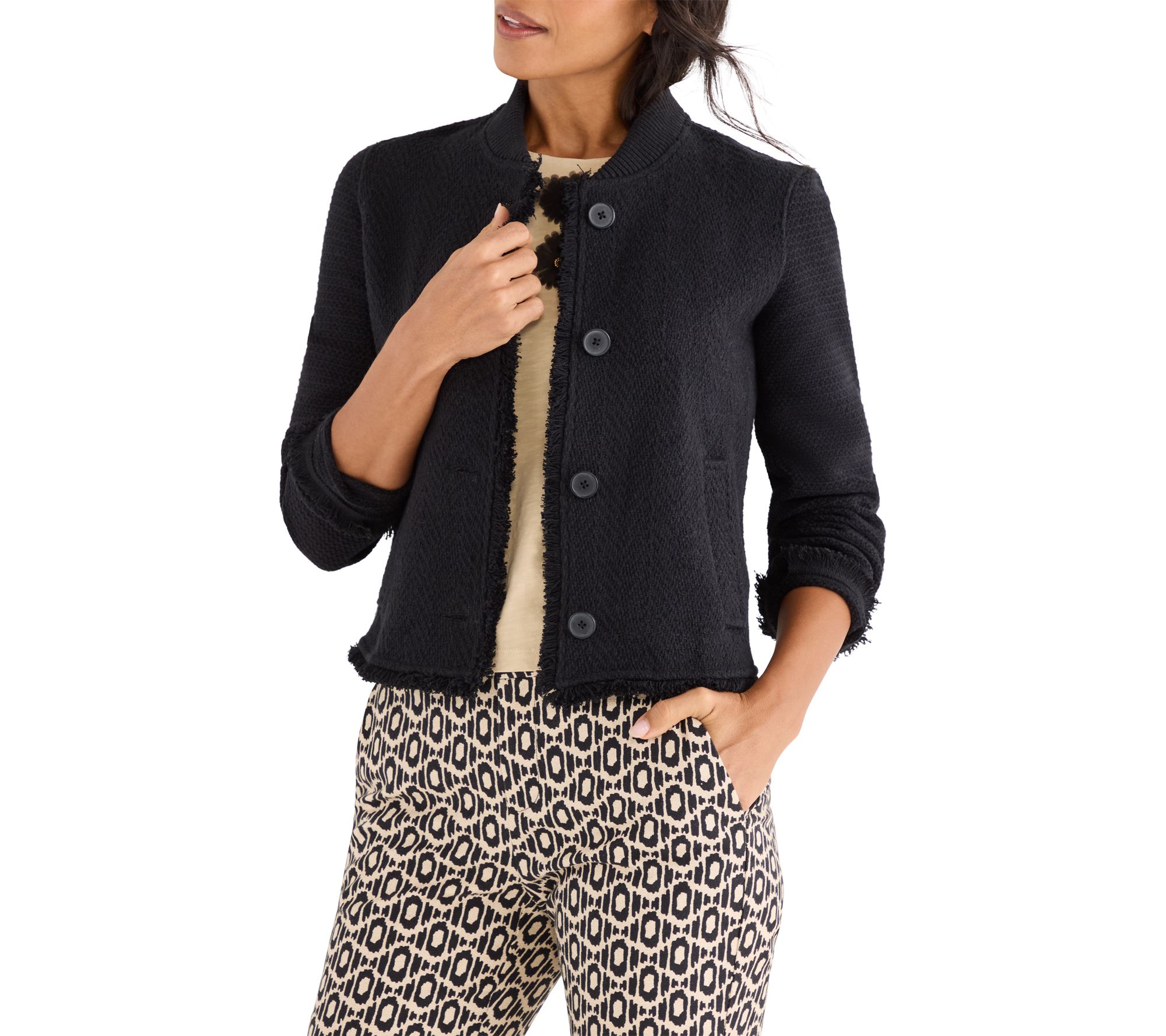 NIC+ZOE Fringe Mix Knit Bomber Jacket