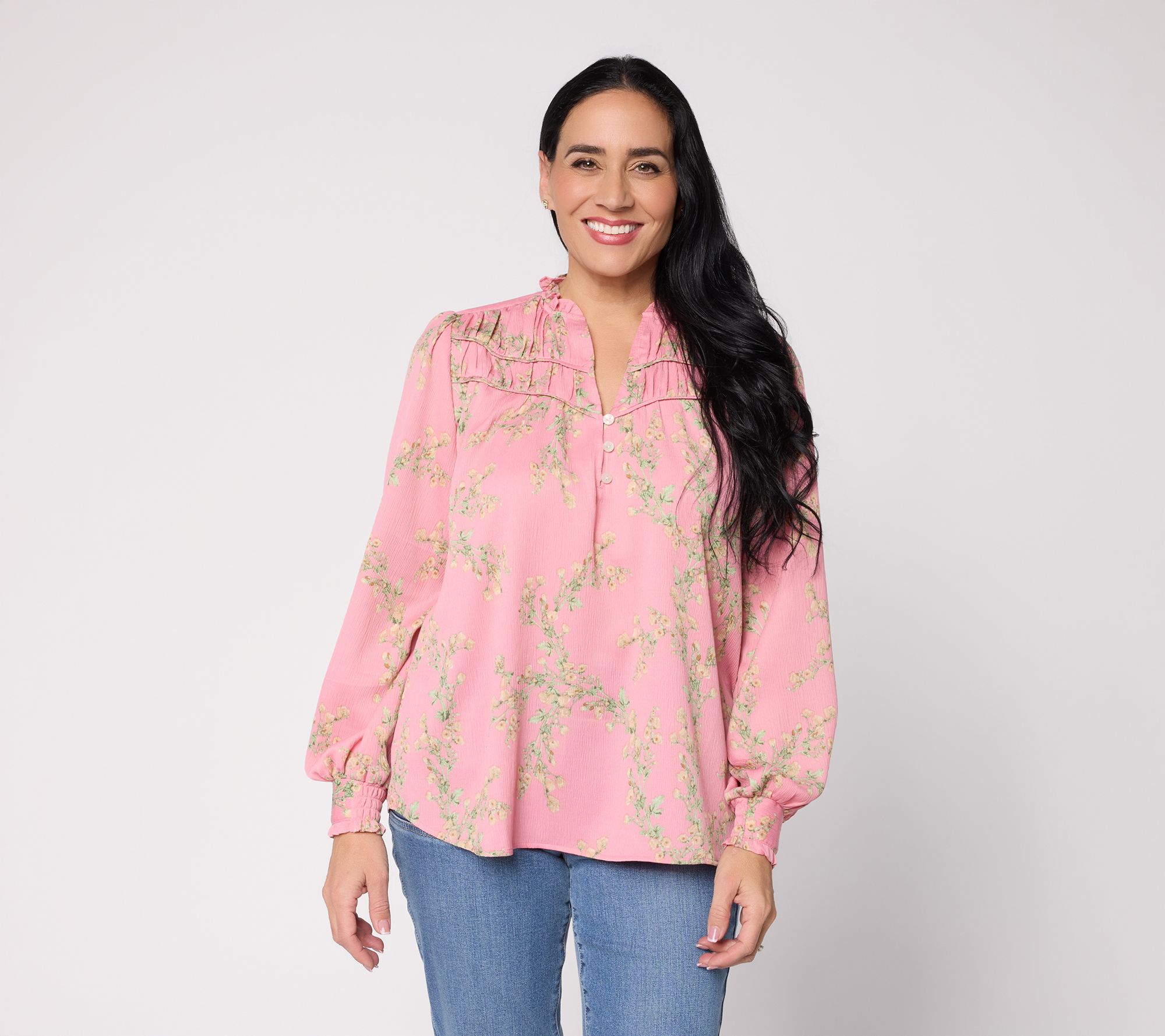 "As Is" Ree by the Pioneer Woman Long Sleeve Blouse w/Ruffle Neck