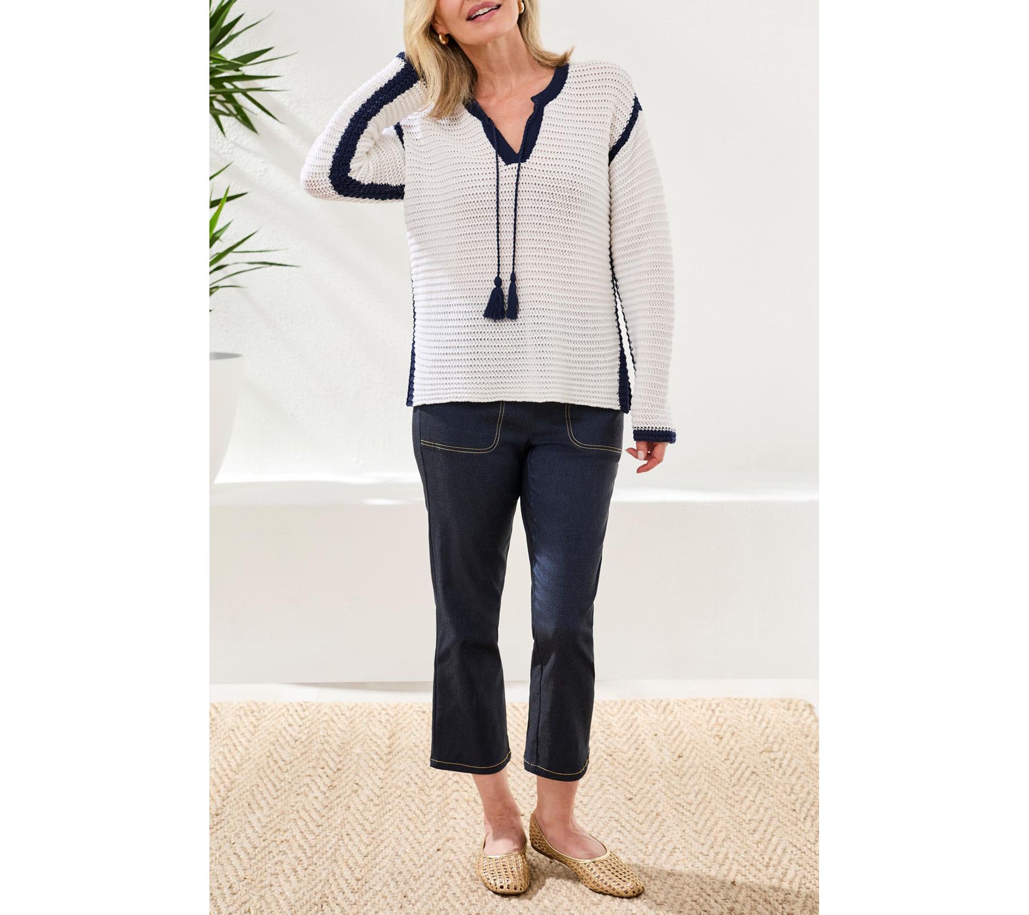 Tribal Notch Collar Sweater With Tassel Tie