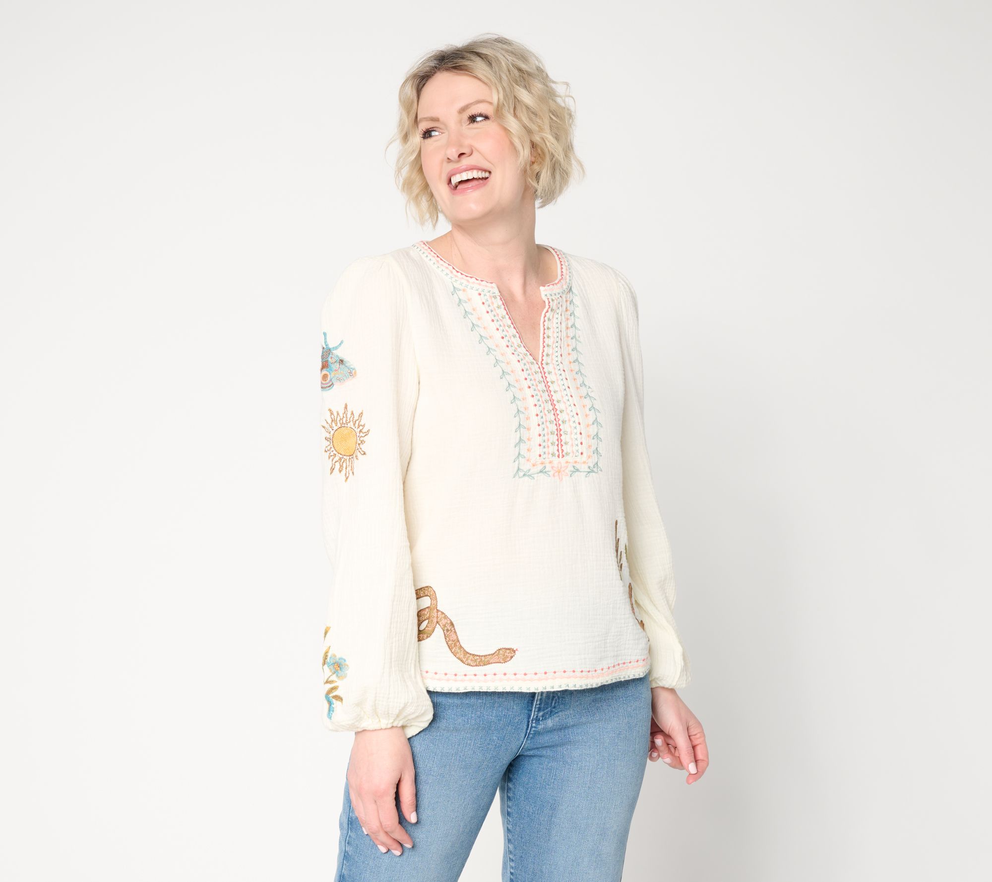 "As Is" Driftwood Jeans Knit Boho Embroid.LongSlv -Desert Yellow