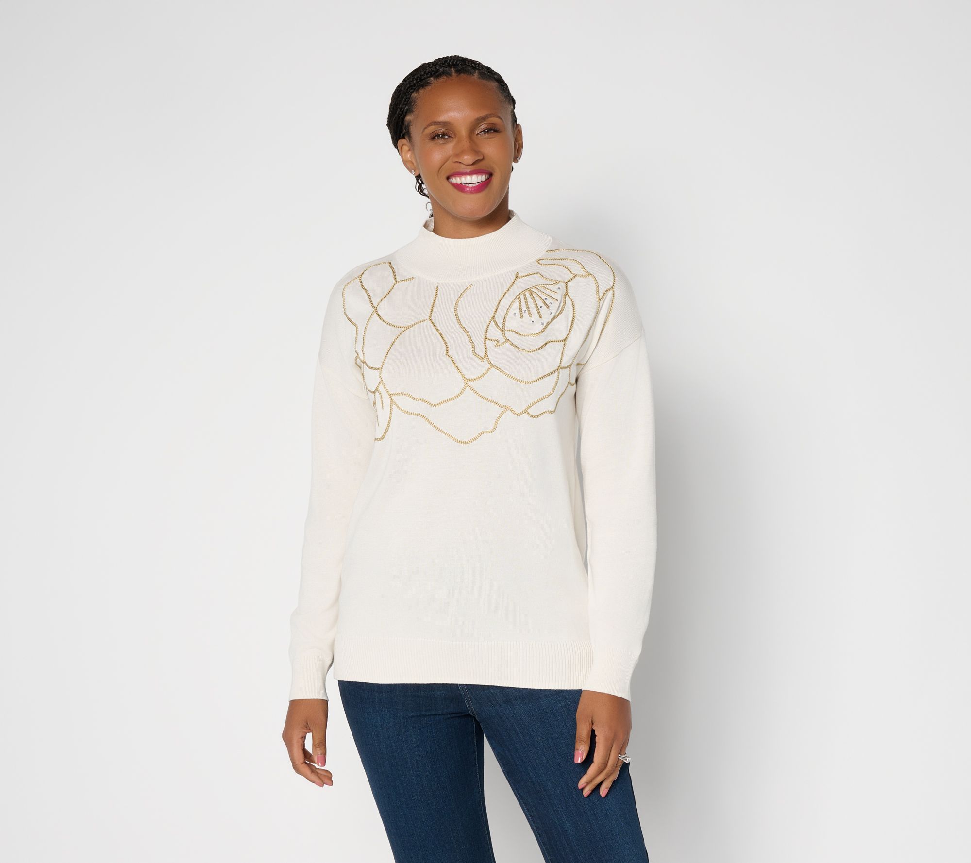 Belle by Kim Gravel Rosette Luxe Mock Neck Sweater