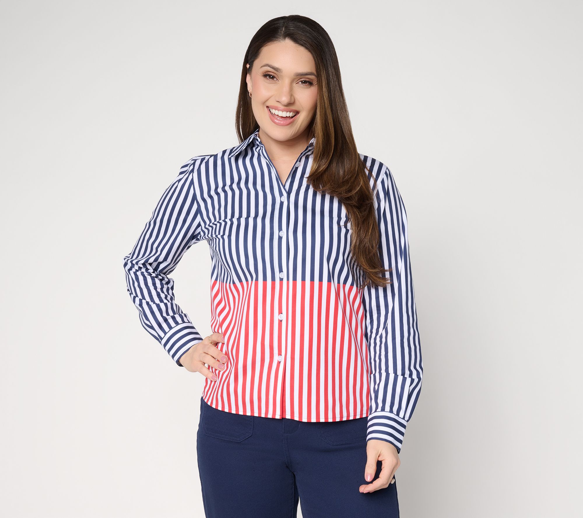"As Is" Joan Rivers Split Stripe Classic Fit Button Front Shirt