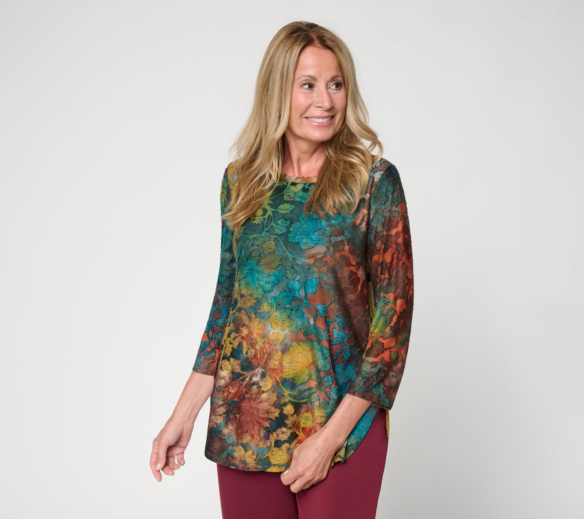  Susan Graver Petite Printed Burnout Scoop Neck 34 Sleeve Tulip Hem Tunic