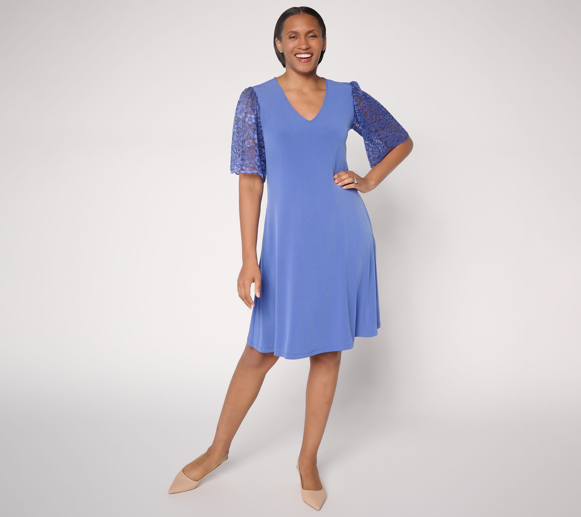 "As Is" Susan Graver Petite Liquid Knit V-Neck A-Line Dress-Lace Slvs