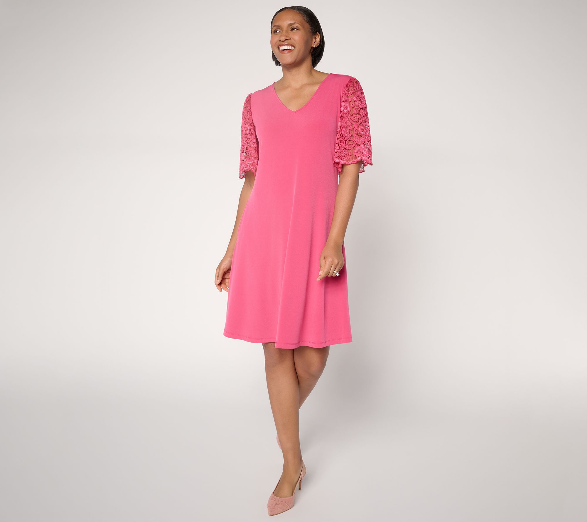 "As Is" Susan Graver Petite Liquid Knit V-Neck A-Line Dress-Lace Slvs