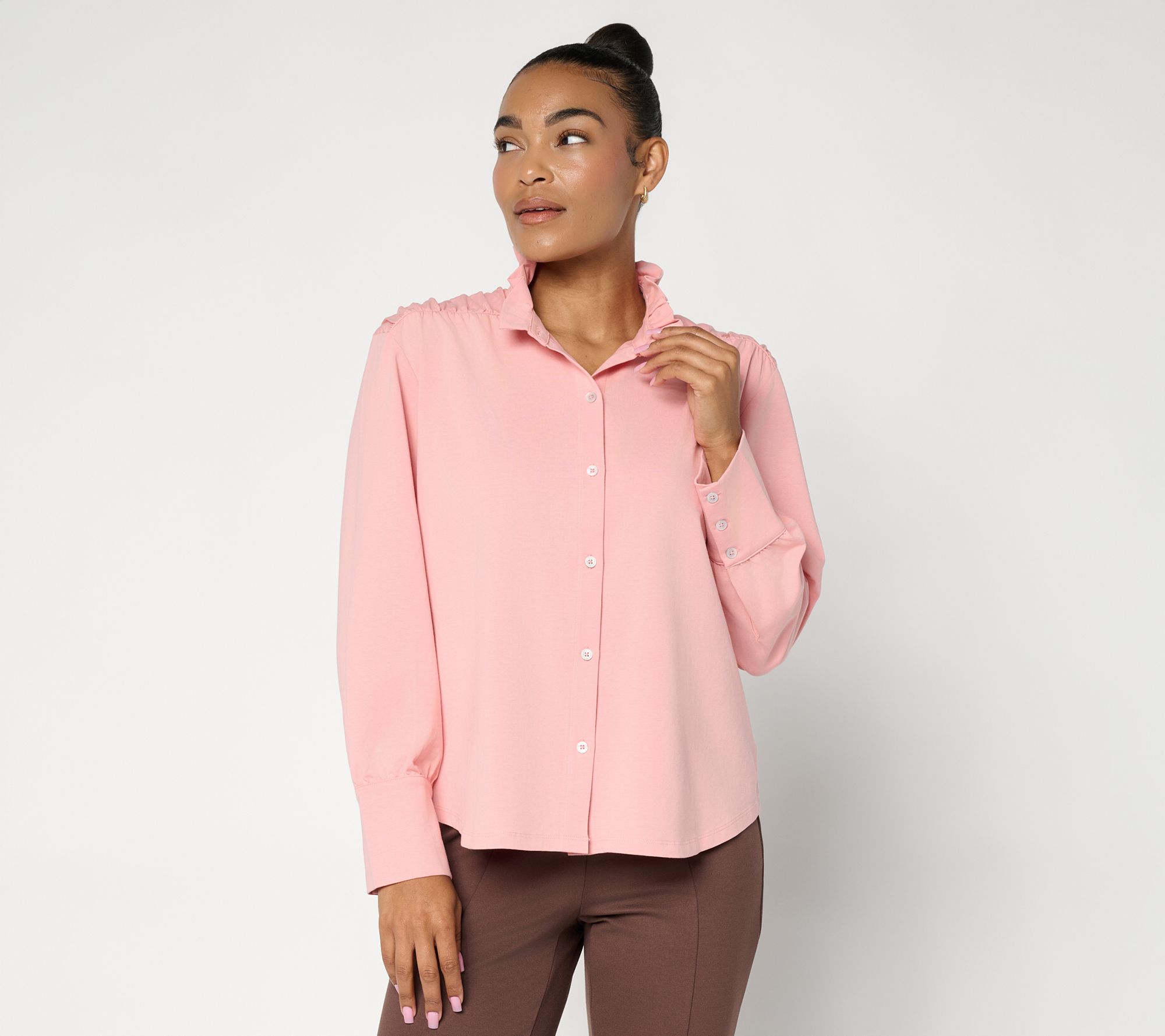 & BASICS Signature Jersey Ruffle Collar Shirt