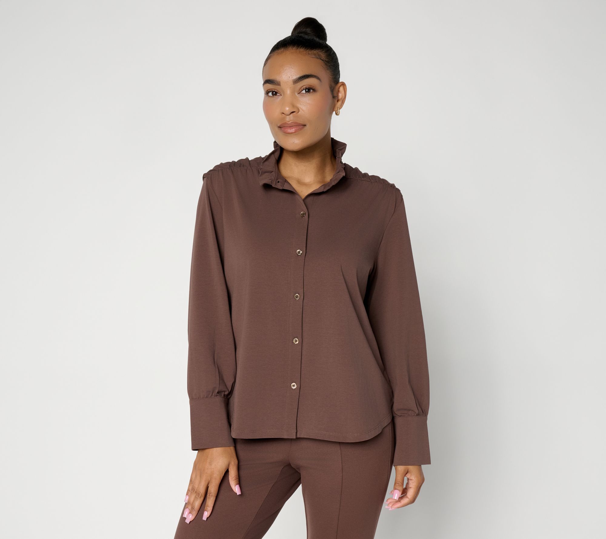 & BASICS Signature Jersey Ruffle Collar Shirt