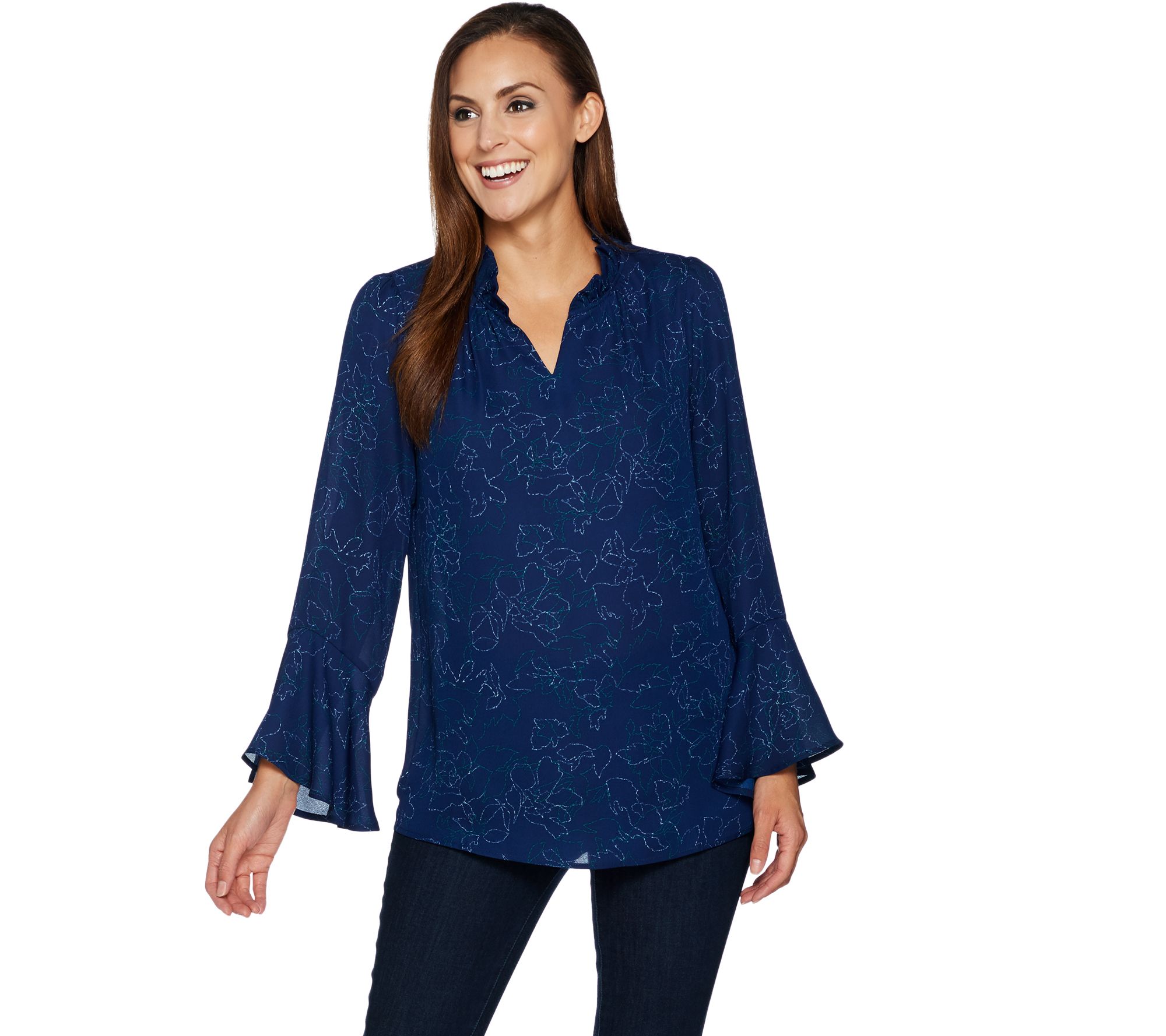 Belle by Kim Gravel V-neck Woven Blouse with Bell Sleeves - QVC.com