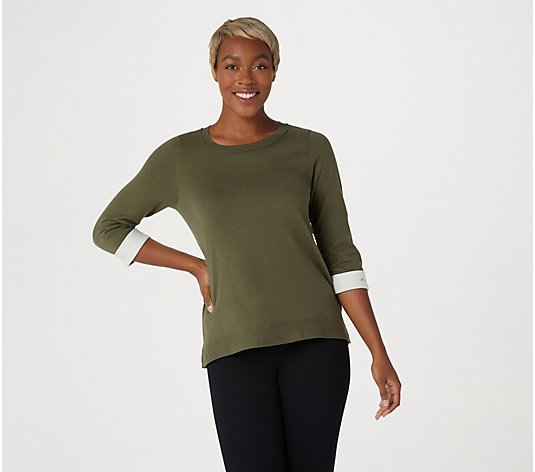Martha Stewart Contrast Cuff 3/4-Sleeve Sweater with Embroidery