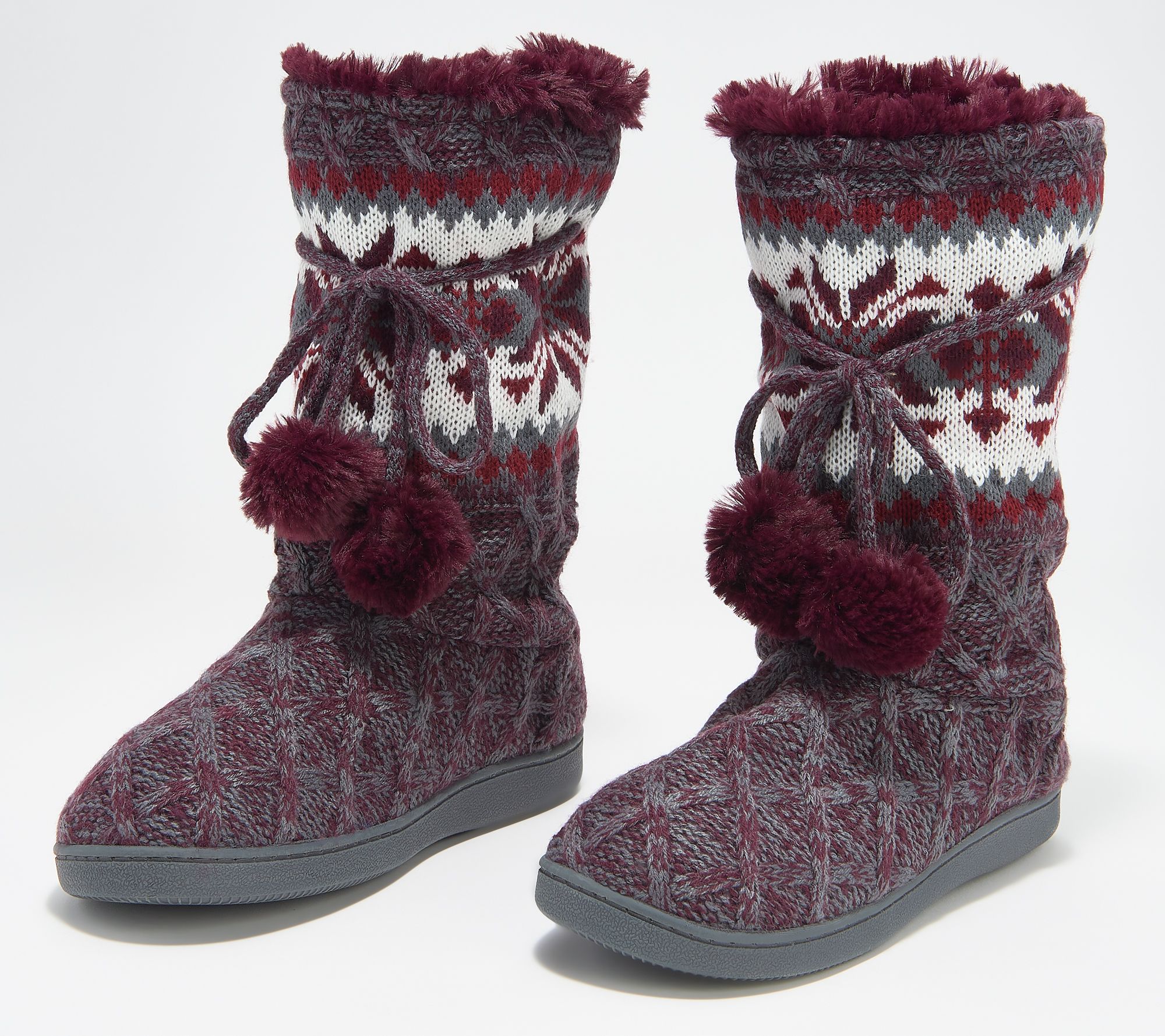 MUK LUKS Gracie Tall Slippers Boot with Faux Fur Poms 