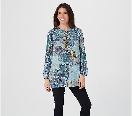 Joan Rivers World Print Textured Blouse with Long Sleeves