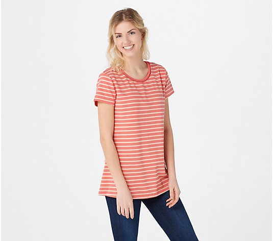 Isaac Mizrahi Live! Stripe Knit Top with Ladder Lace Neck