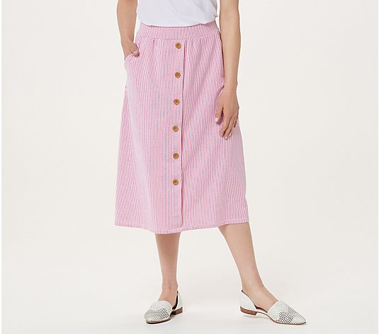 Denim & Co. Seersucker Button Front Midi Skirt with Pockets