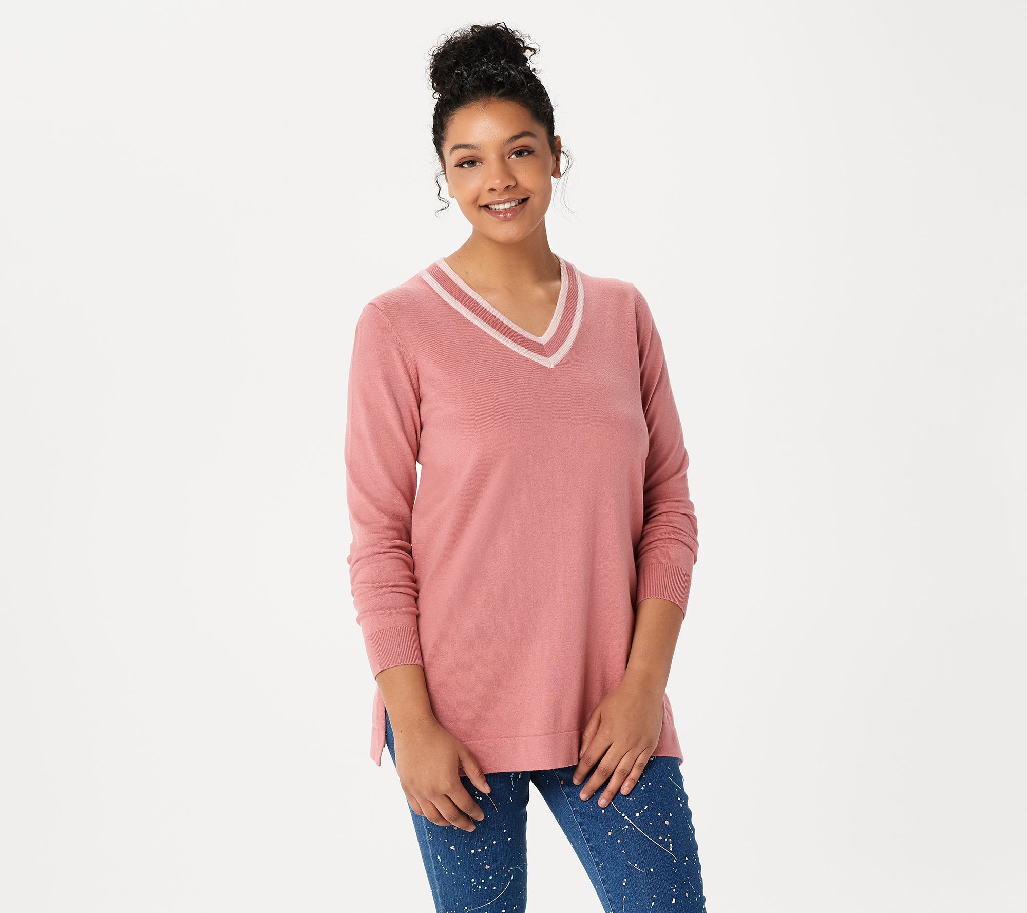 "As Is" Martha Stewart V-Neck Varsity Striped Long-Sleeve Sweater - QVC.com