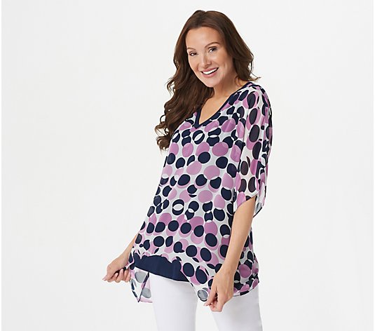 Susan Graver Petite Printed Chiffon Dolman- Sleeve Top with Knit Lining