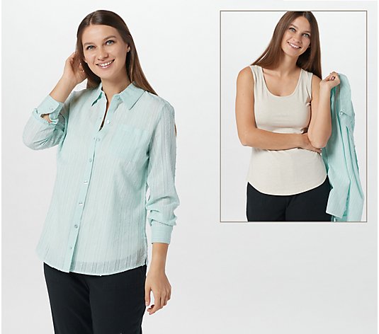 Denim & Co. Long-Sleeve Button-Front Swiss Dot Top with Tank