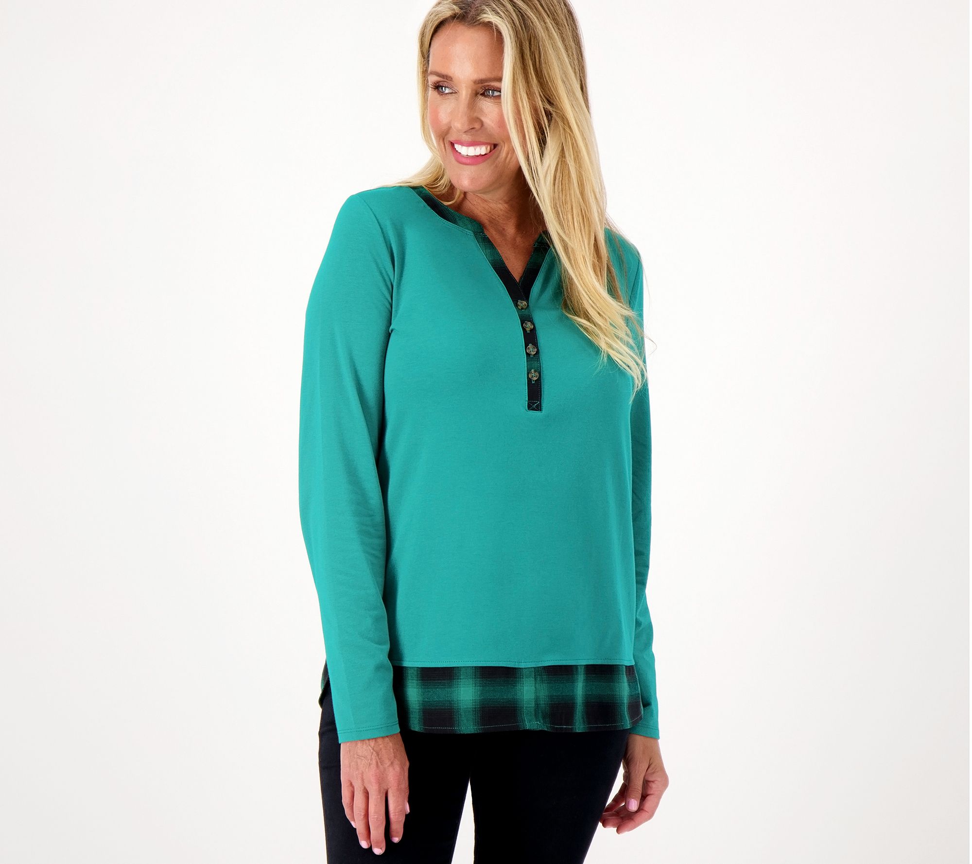 Belle by Kim Gravel TripleLuxe Knit Flannel Trim Henley Top - QVC.com