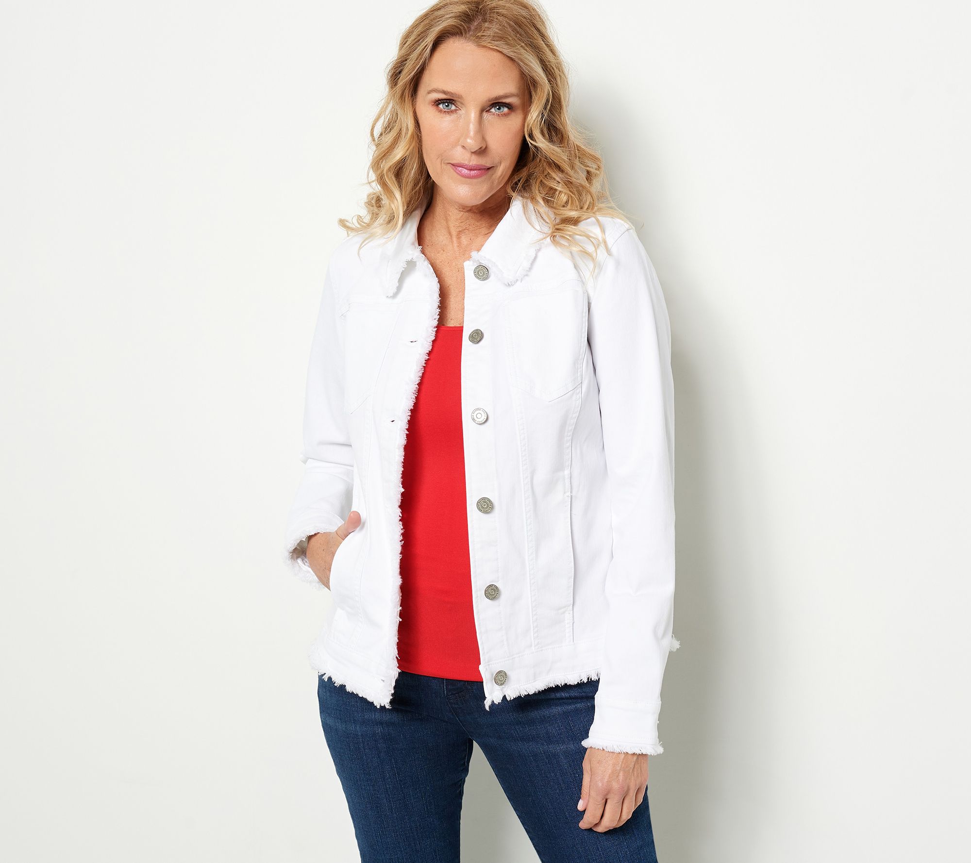 "As Is" Susan Graver Stretch Denim Button- Front Frayed Jean Jacket