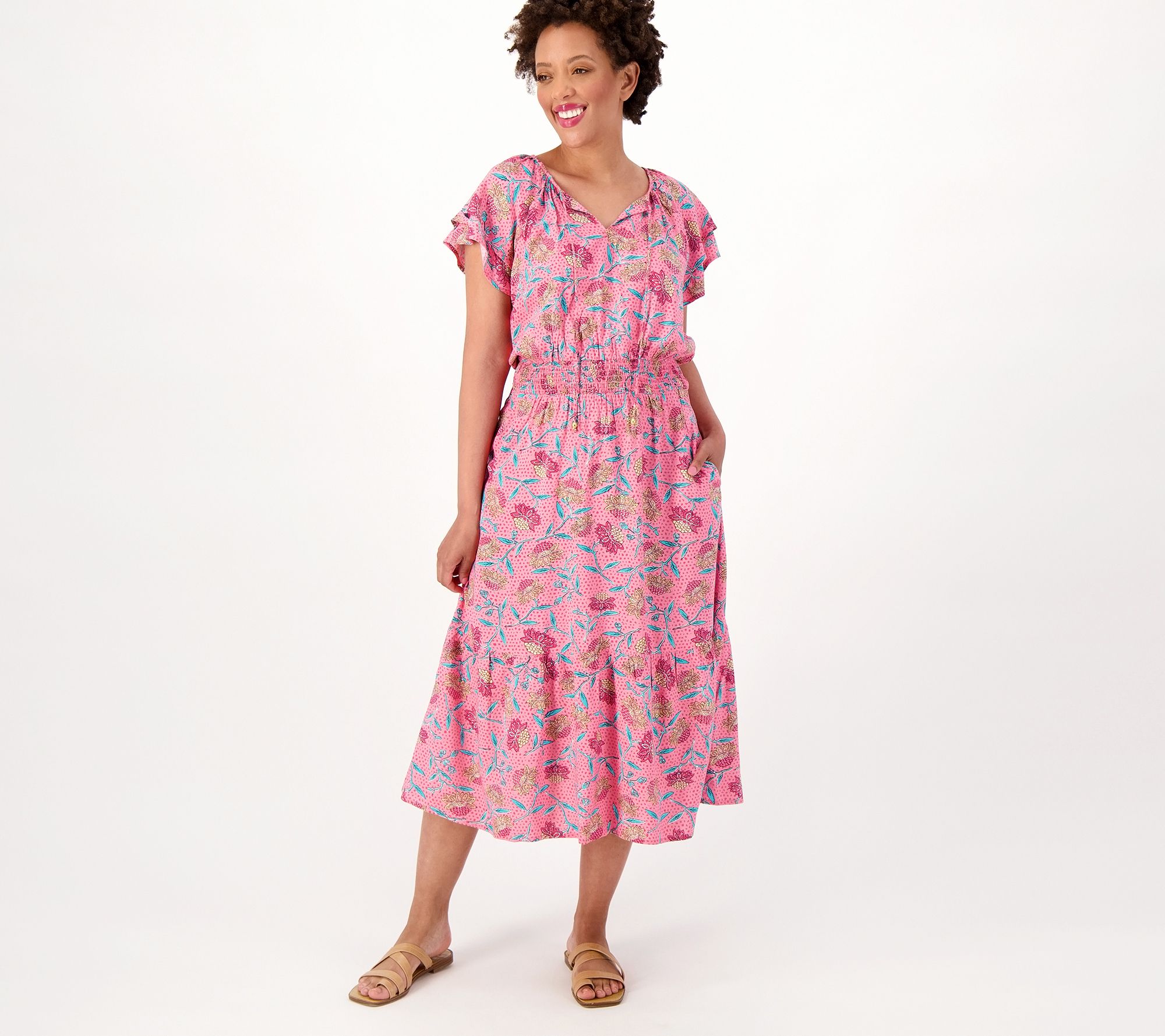 Destination 365 Petite Printed Short-Sleeve Midi Dress with Smocking