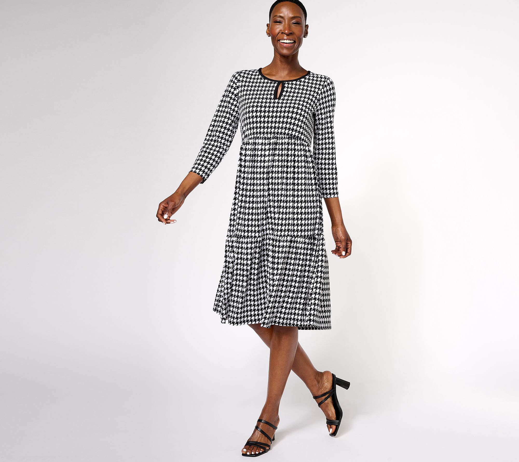 Susan Graver Regular Printed Liquid Knit 3/4 Sleeve Tiered Midi Dress
