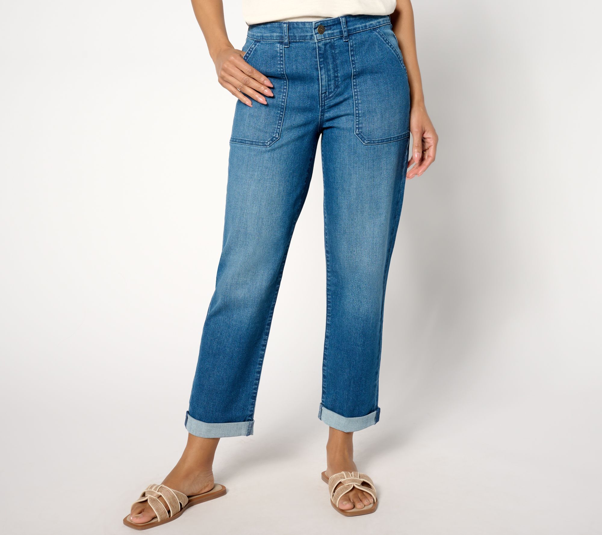 LOGO by Lori Goldstein Petite Boyfriend Jean with Fray Hem