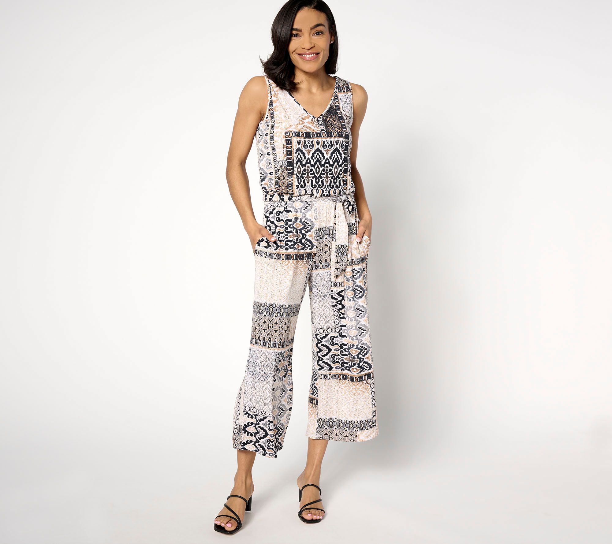 Denim & Co. Petite V-Neck Cropped Wide Leg Jumpsuit