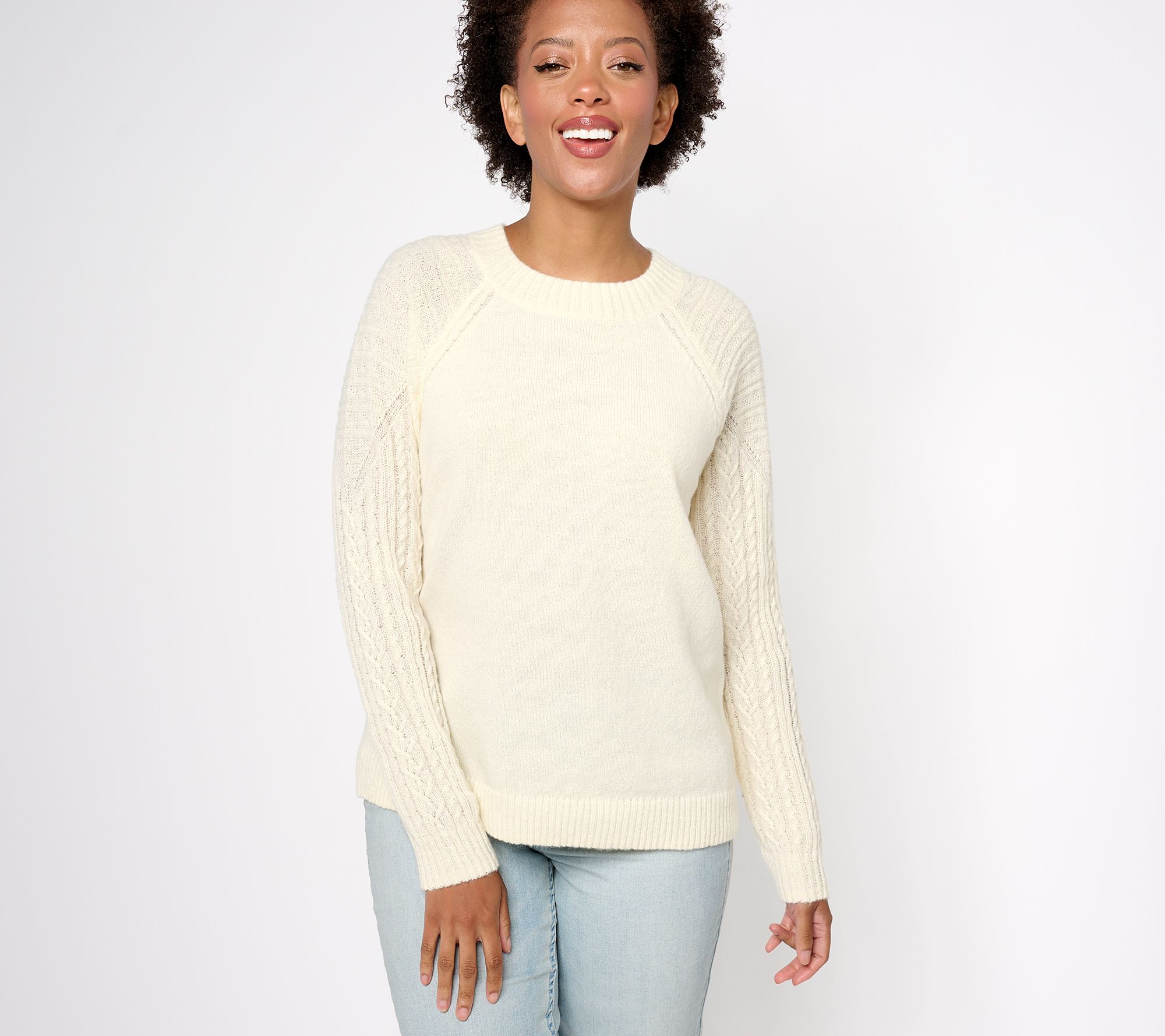 "As Is" Susan Graver Crewneck Sweater with Novelty Stitch Sleeve