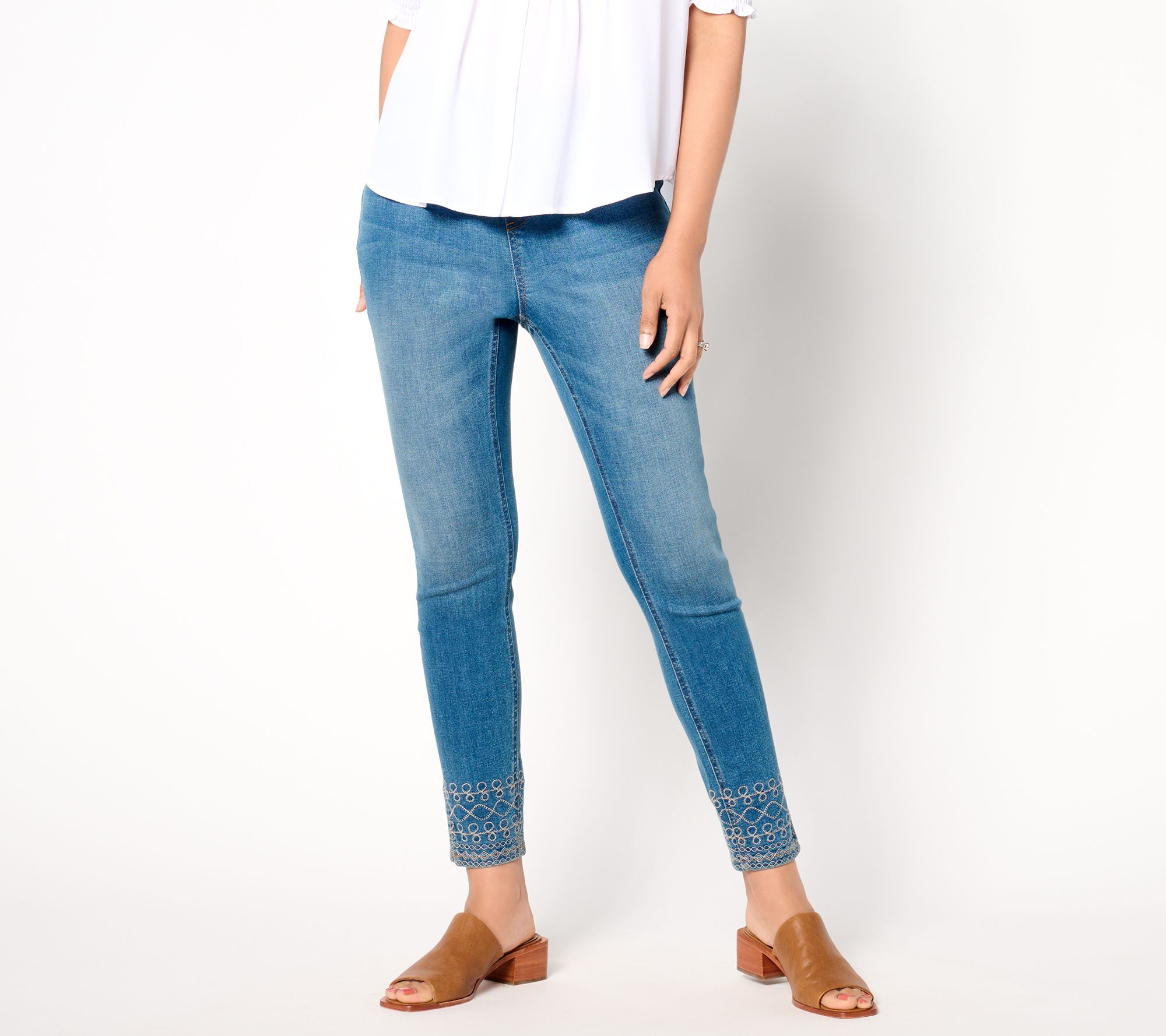 Denim & Co. Petite Indigo Easy Stretch Embellished Hem Slim Ankle Jean