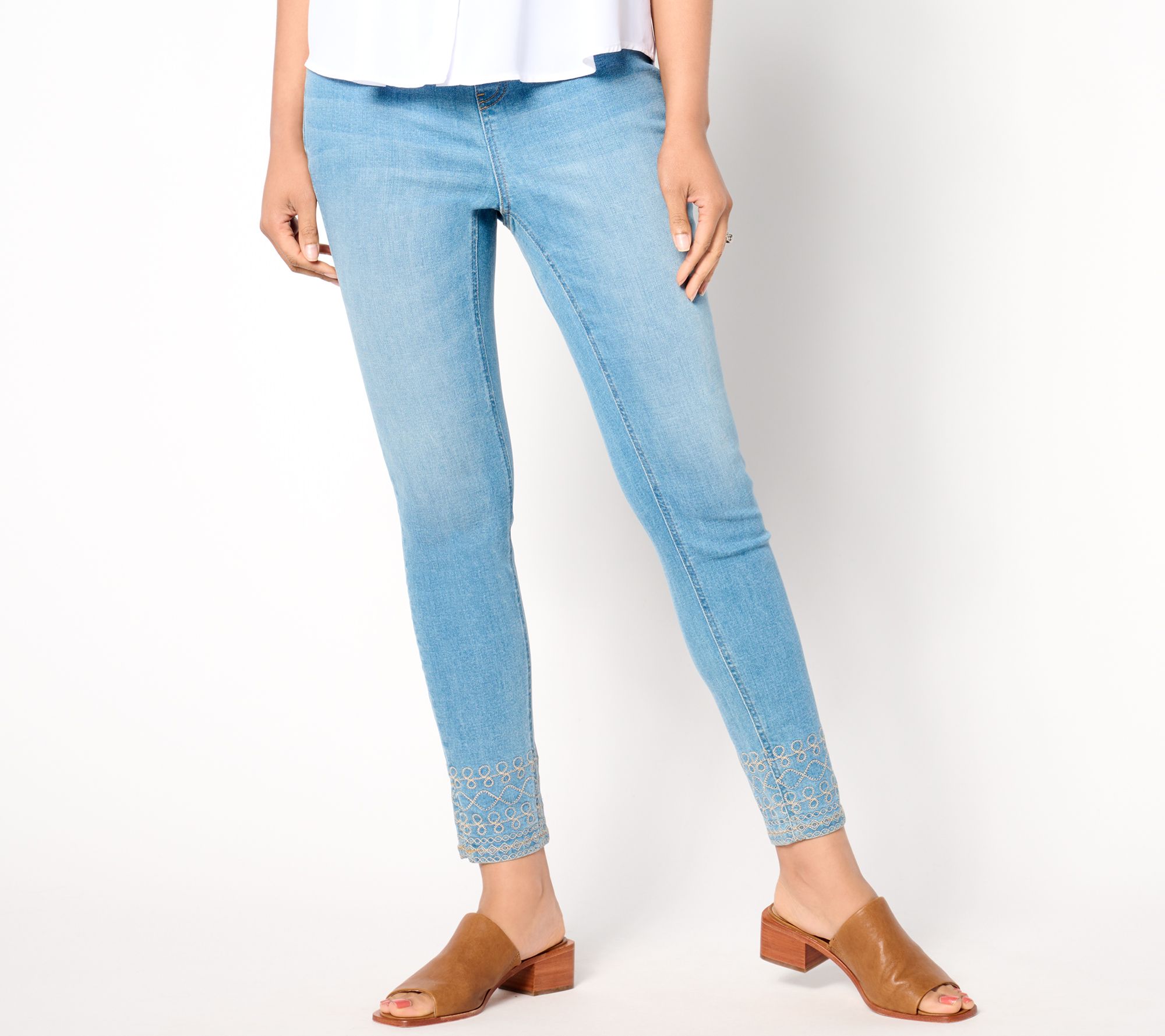 Denim & Co. Petite Indigo Easy Stretch Embellished Hem Slim Ankle Jean
