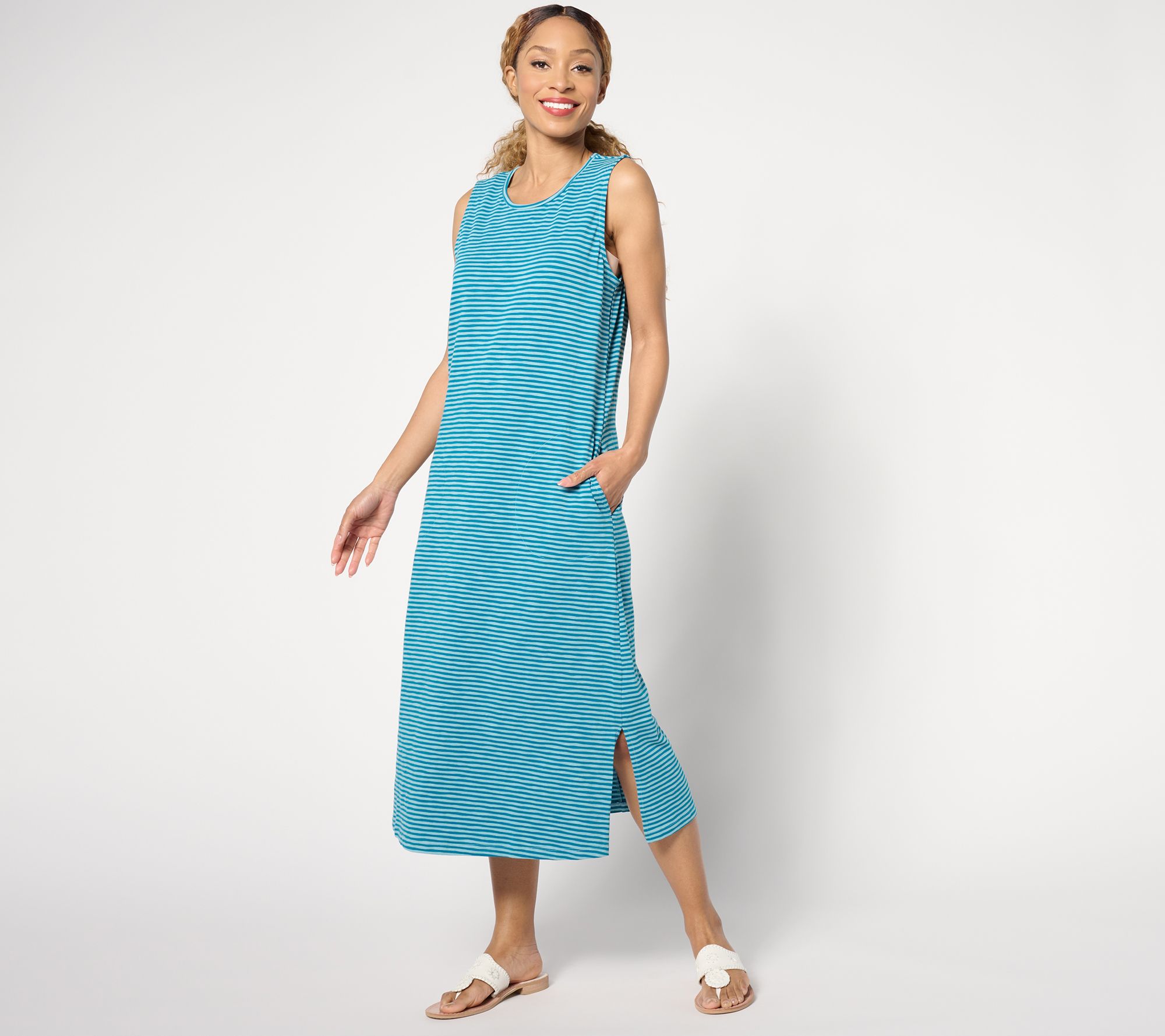 Denim Co. Striped Texture Knit Midi Tank Dress w Keyhole Back QVC