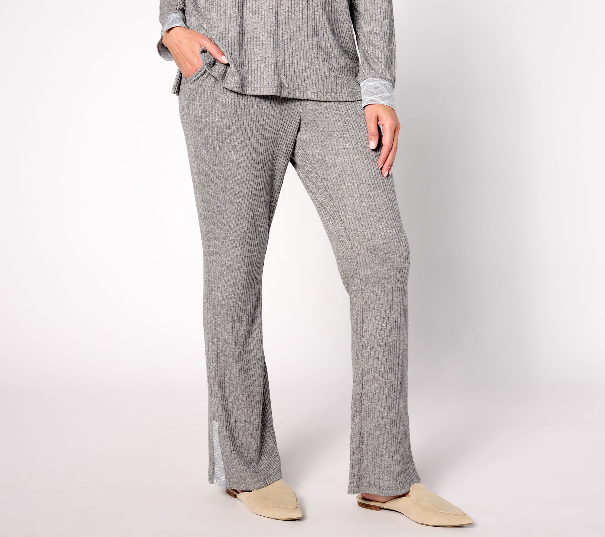 "As Is" Isaac Mizrahi Live! Petite Rib Knit Pull On Slight Bootcut Pant
