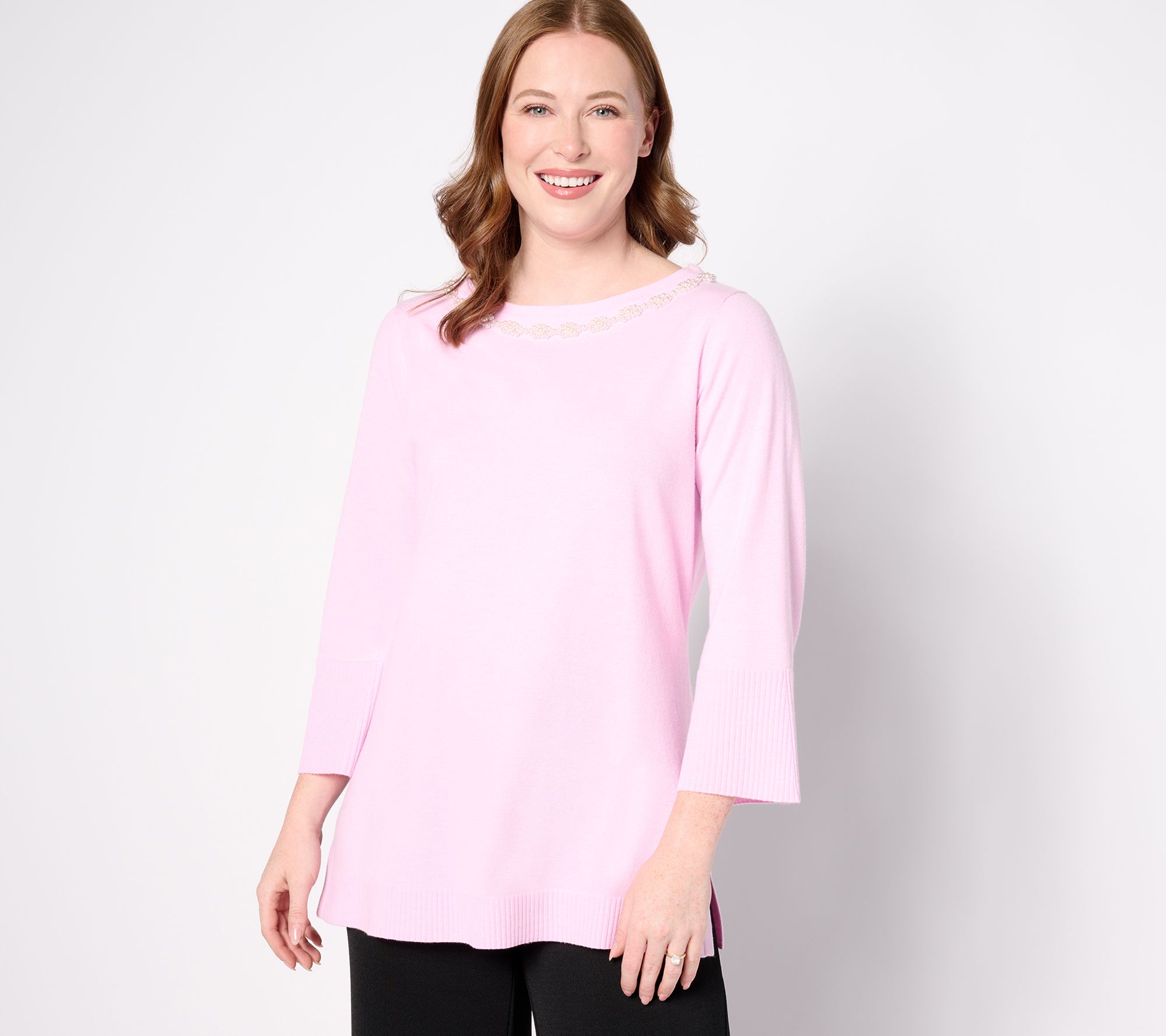 "As Is" Isaac Mizrahi Live! Reg Pullover Sweater with Faux Pearl Trim