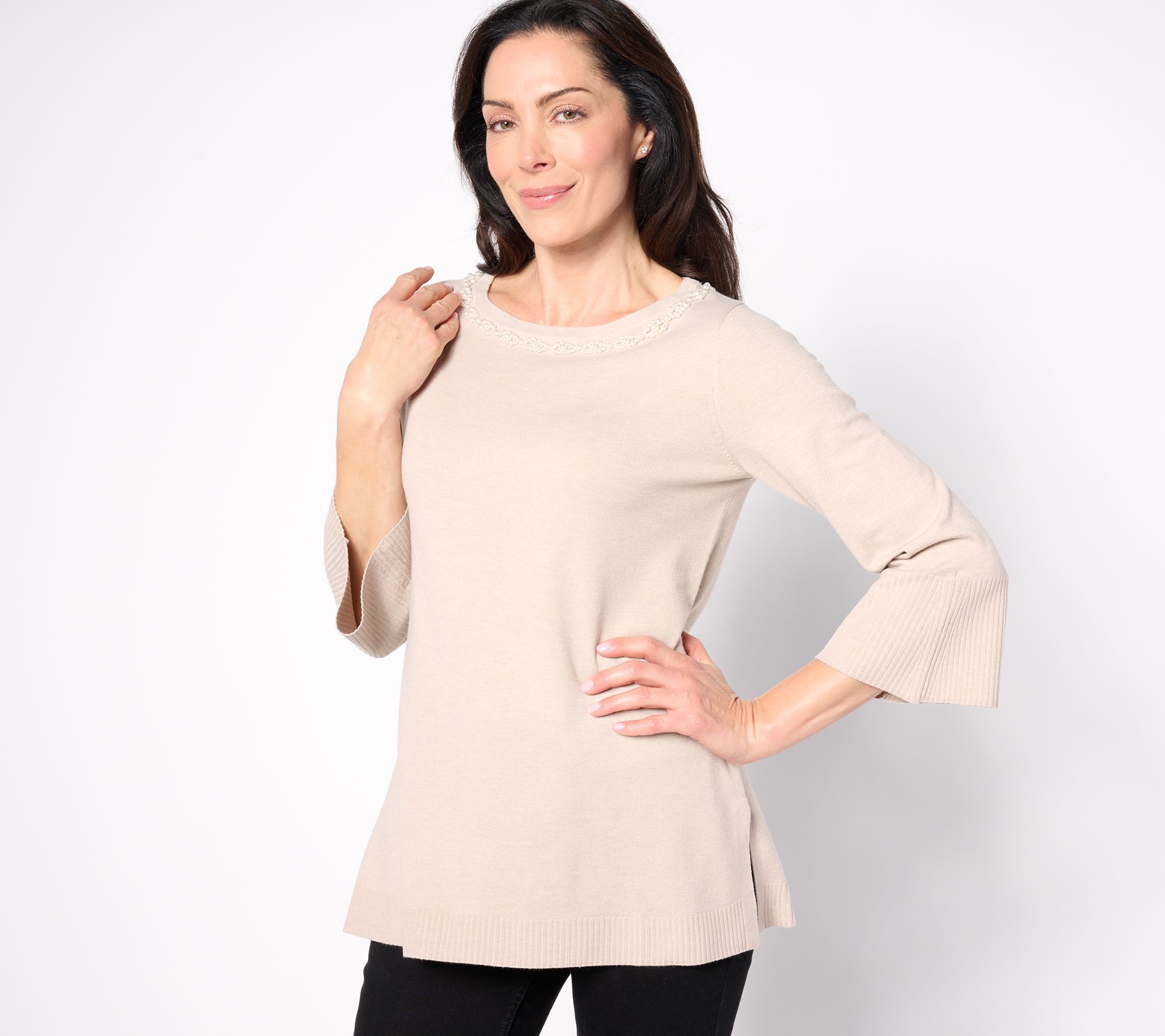 "As Is" Isaac Mizrahi Live! Reg Pullover Sweater with Faux Pearl Trim