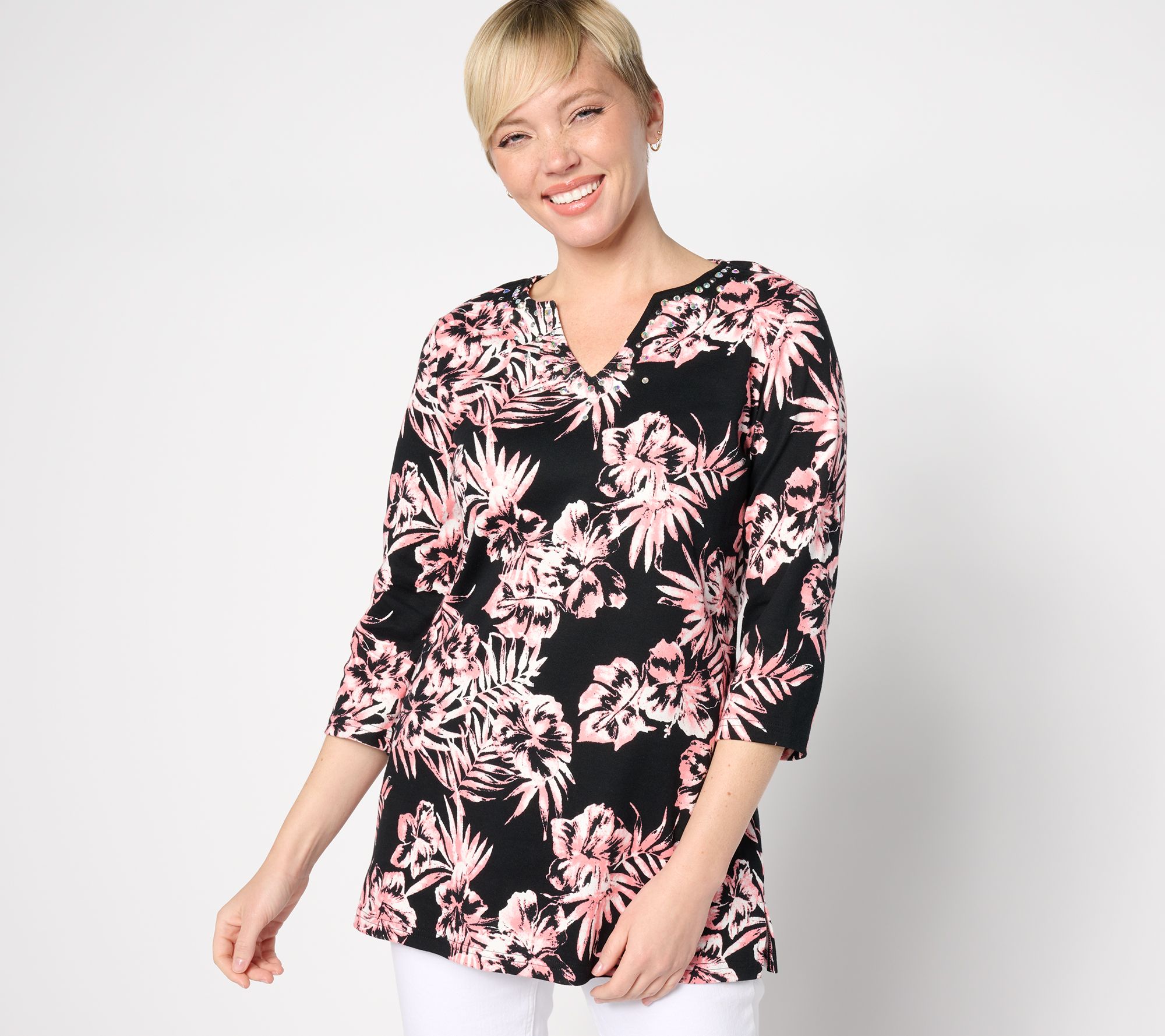 "As Is" Quacker Factory Sparkle and Shine Tropical Bliss Tunic Top