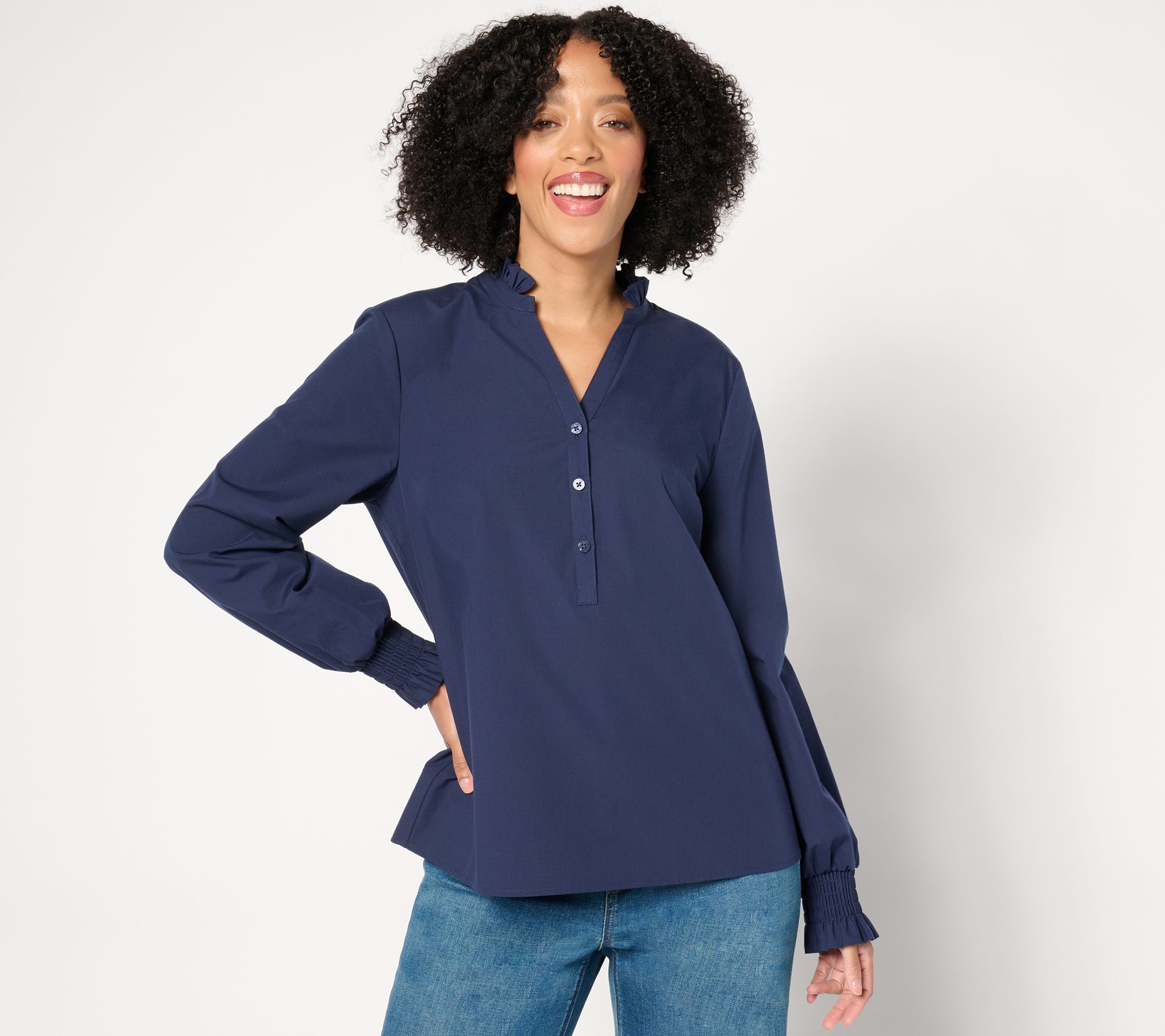 Studio Park x Amy Stran Ruffle Collar Smocked Cuff Henley Shirt