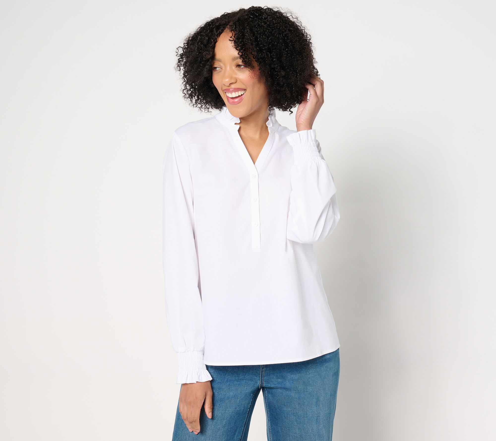 Studio Park x Amy Stran Ruffle Collar Smocked Cuff Henley Shirt