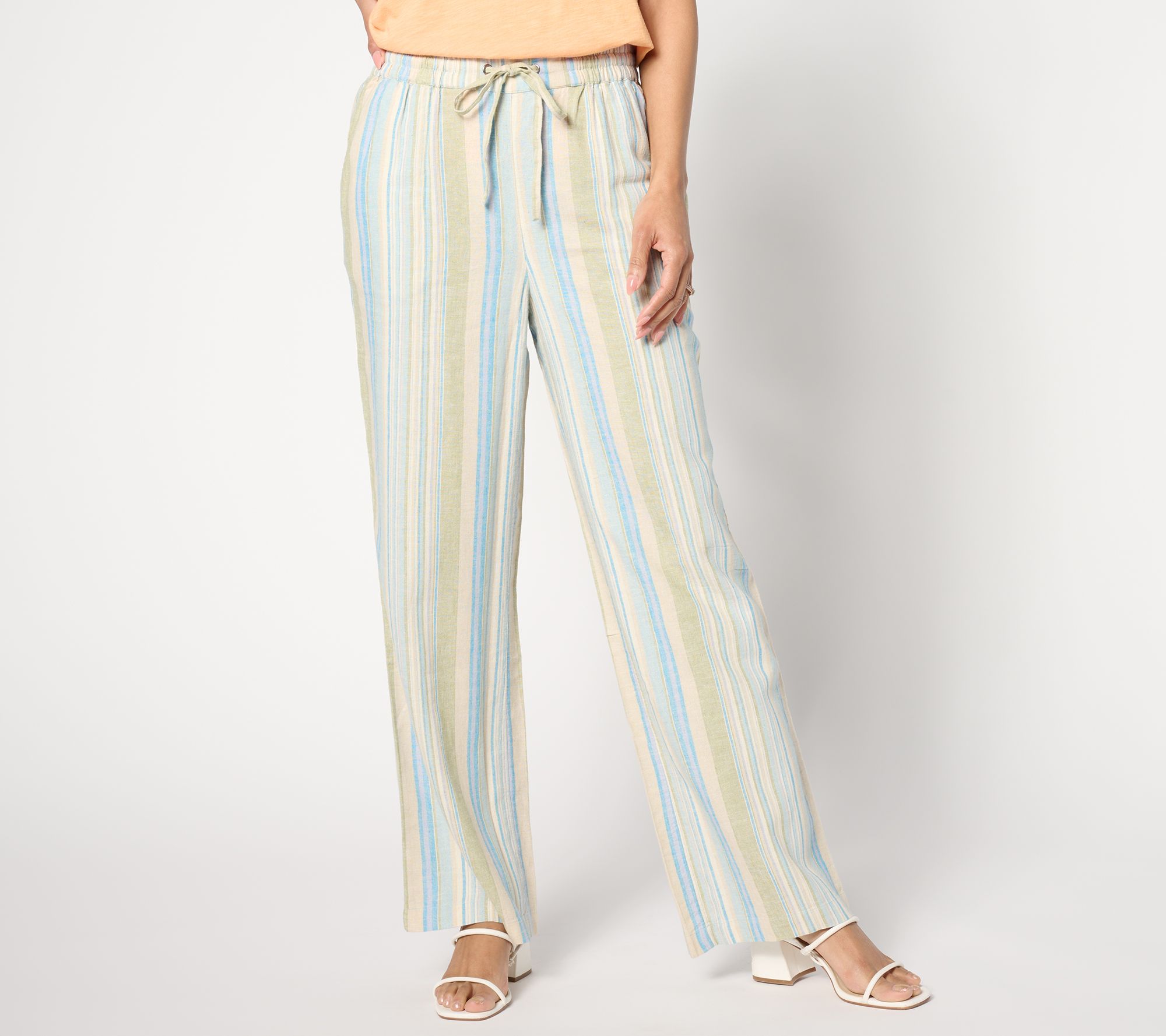 "As Is" Denim & Co. Naturals Petite Striped Linen Blend Wide Leg Pants