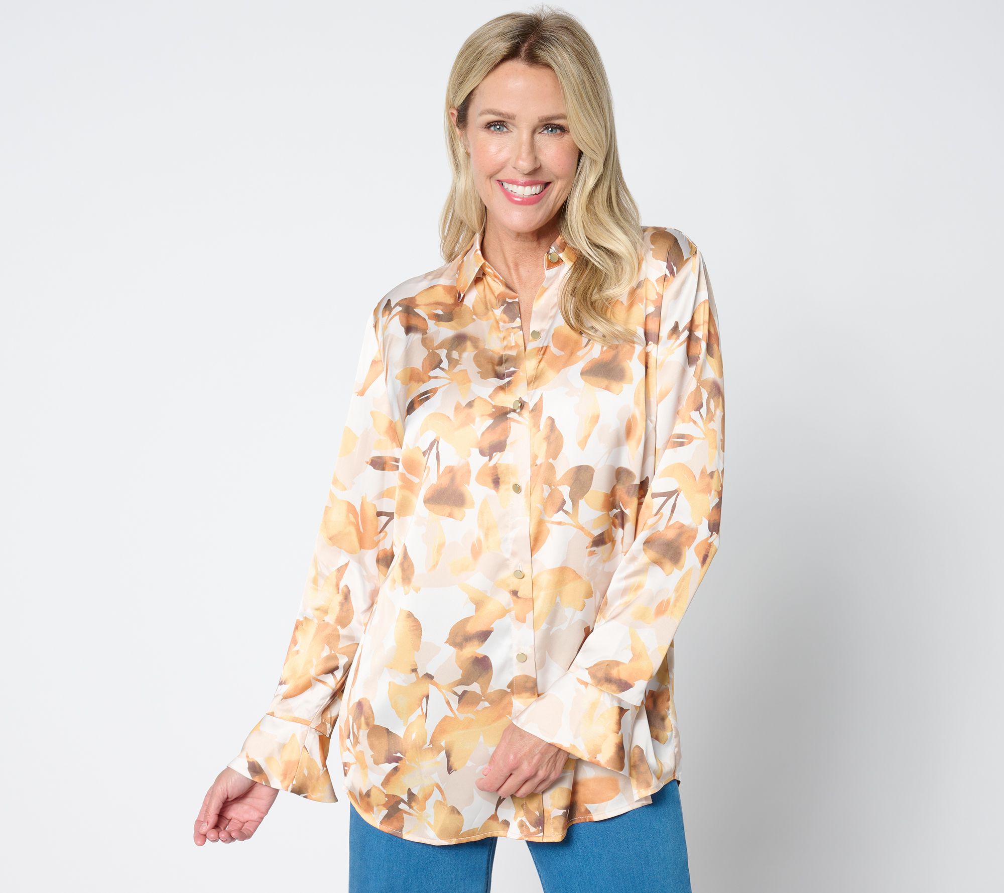 "As Is" Susan Graver Petite Stretch Charmeuse Print Button Top