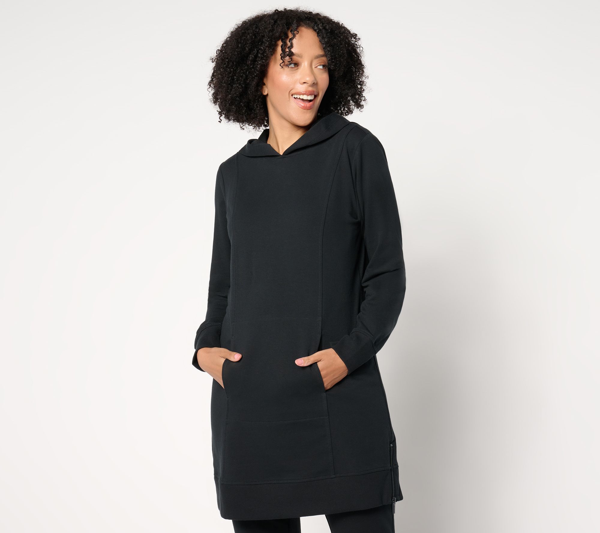 "As Is" Denim & Co. Active Petite French Terry Hooded Tunic Pullover