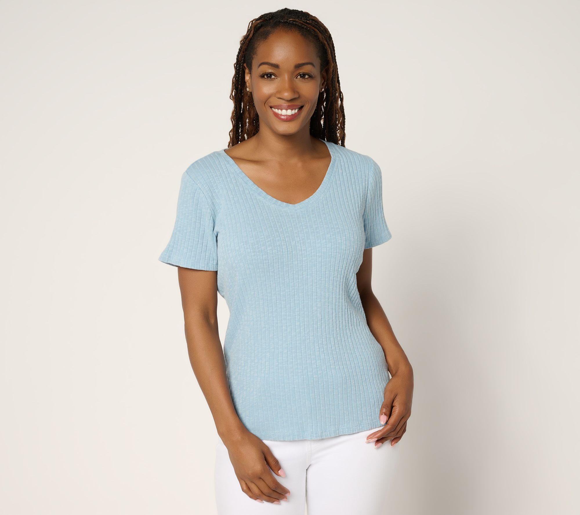Peace Love World Curved V-Neck Short Sleeve Tee
