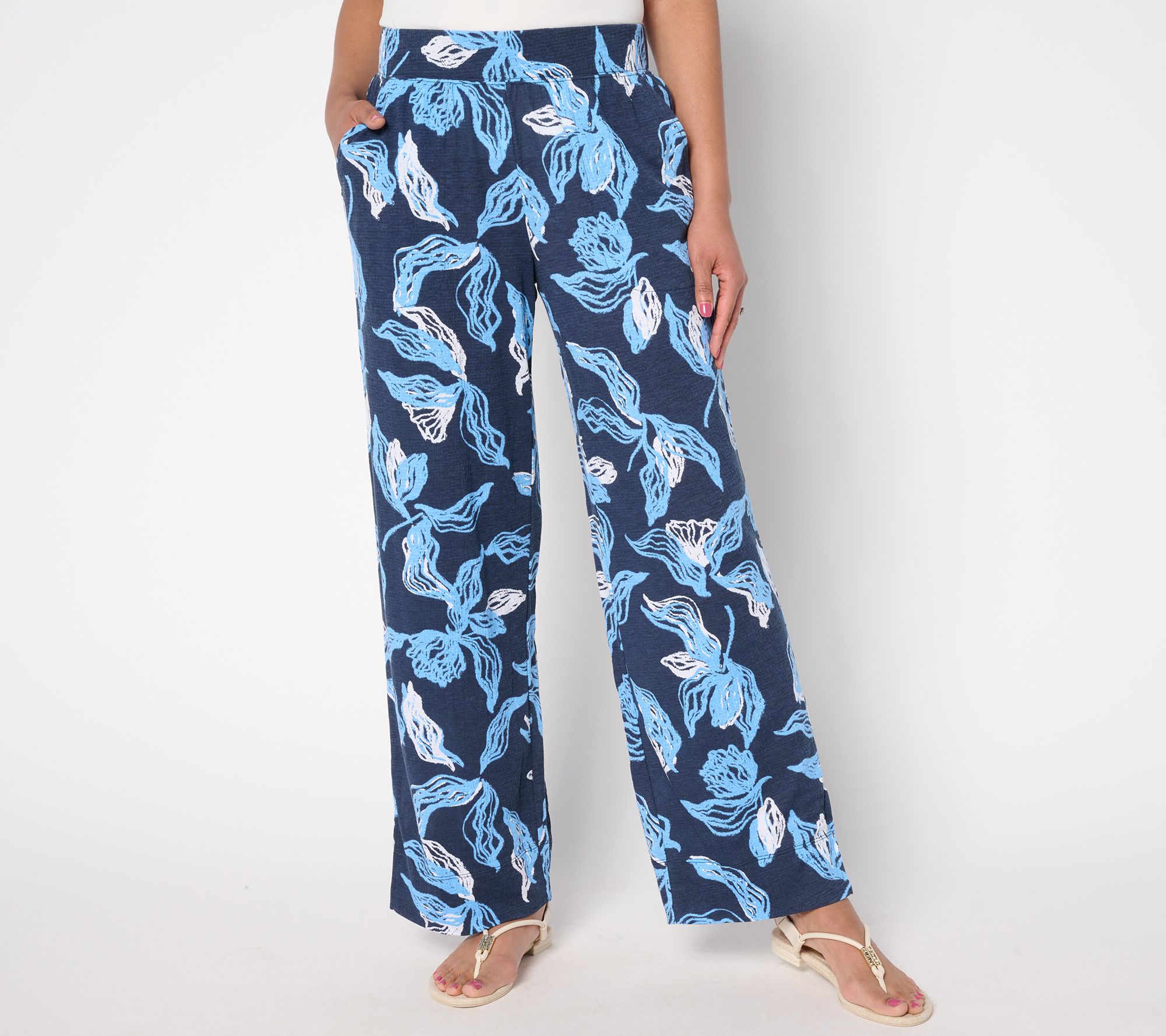 Denim & Co. Beach Petite Printed Knit Gauze Full Leg Pants