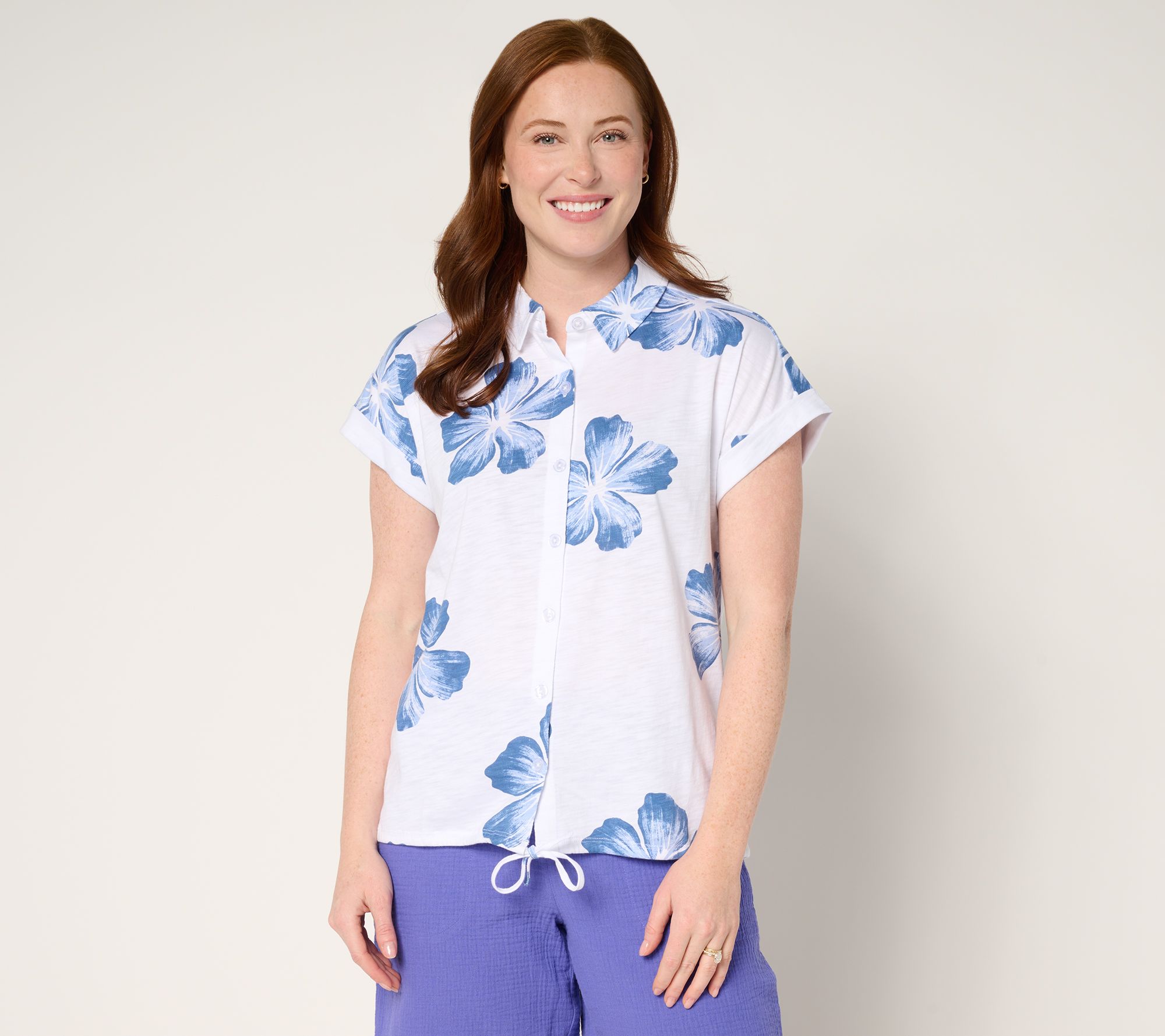 Belle by Kim Gravel Aloha Awaits Drawstring Button Up Top