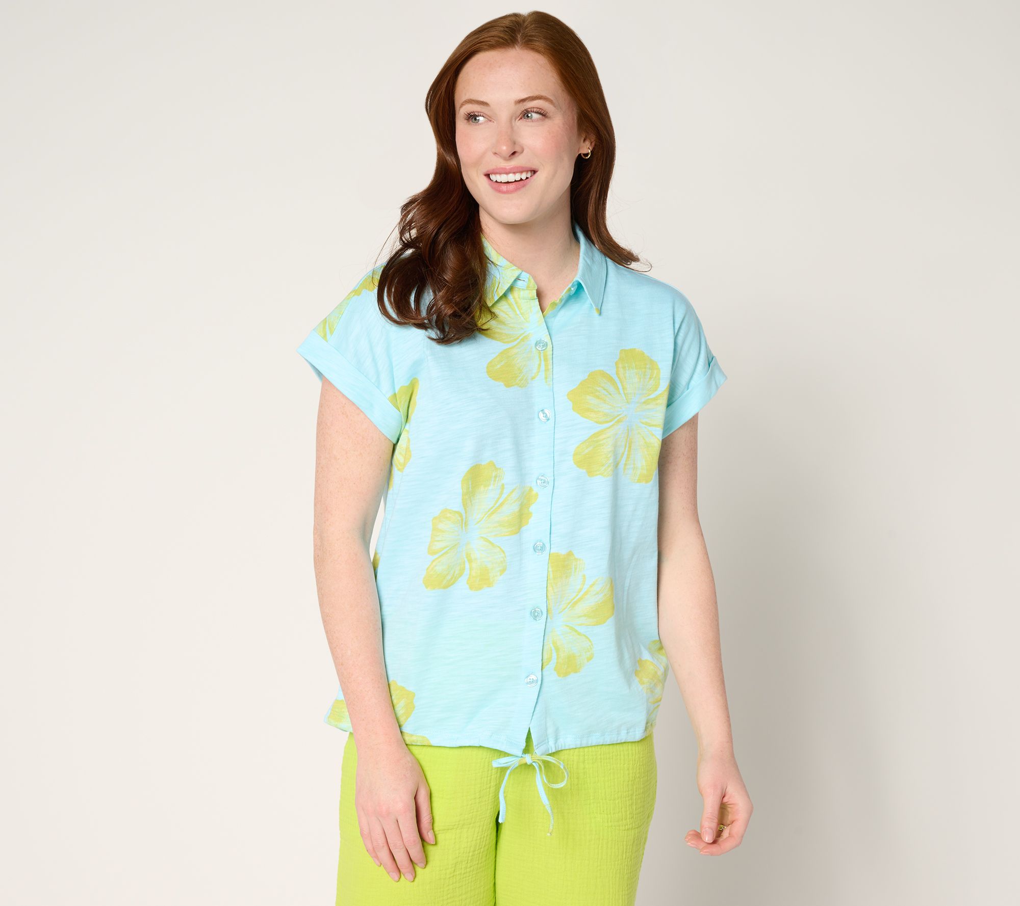 Belle by Kim Gravel Aloha Awaits Drawstring Button Up Top