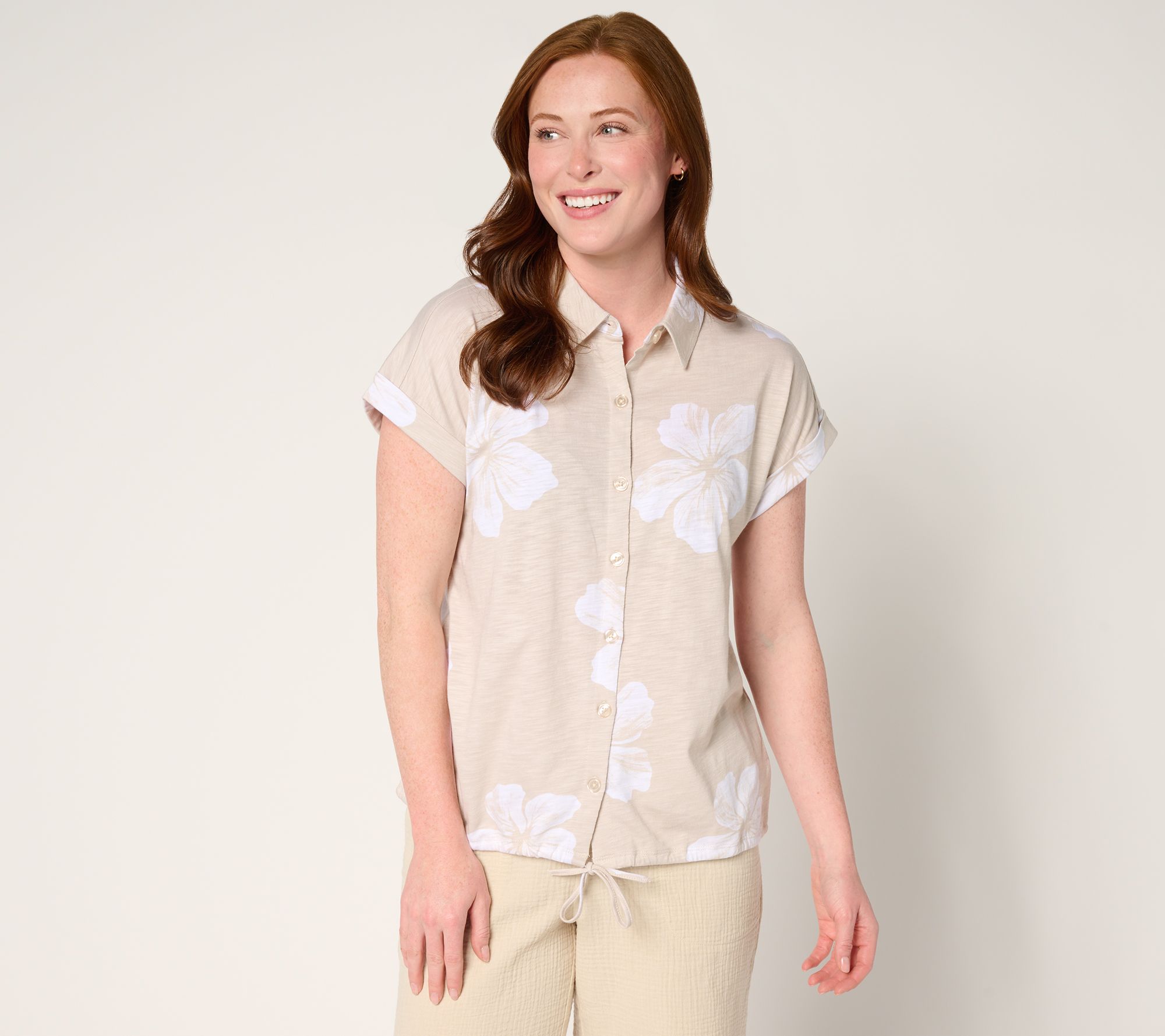 Belle by Kim Gravel Aloha Awaits Drawstring Button Up Top